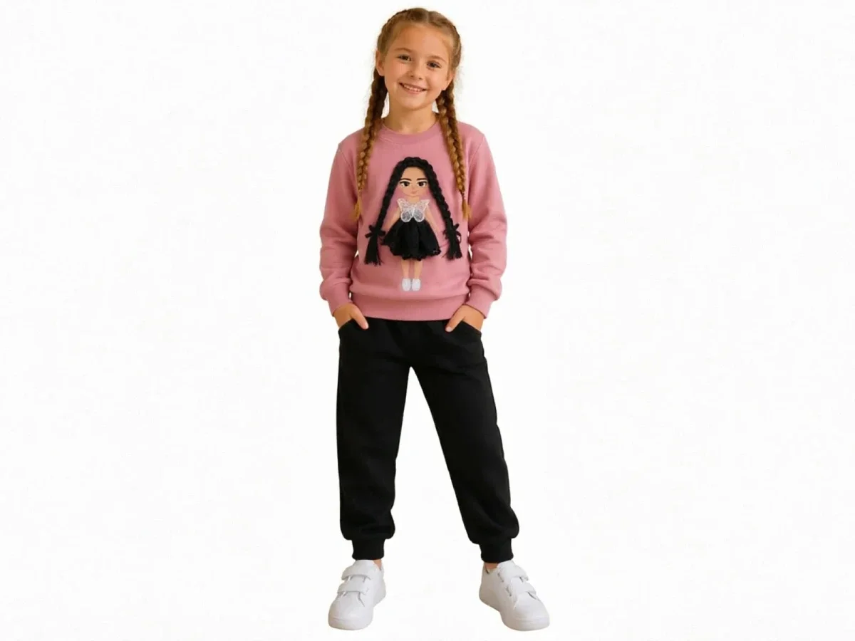 Girls' Printed Two-Piece Set - Pink Sweatshirt and Black Trousers (Ages 3-6) - Miss Melinda - by Peralane