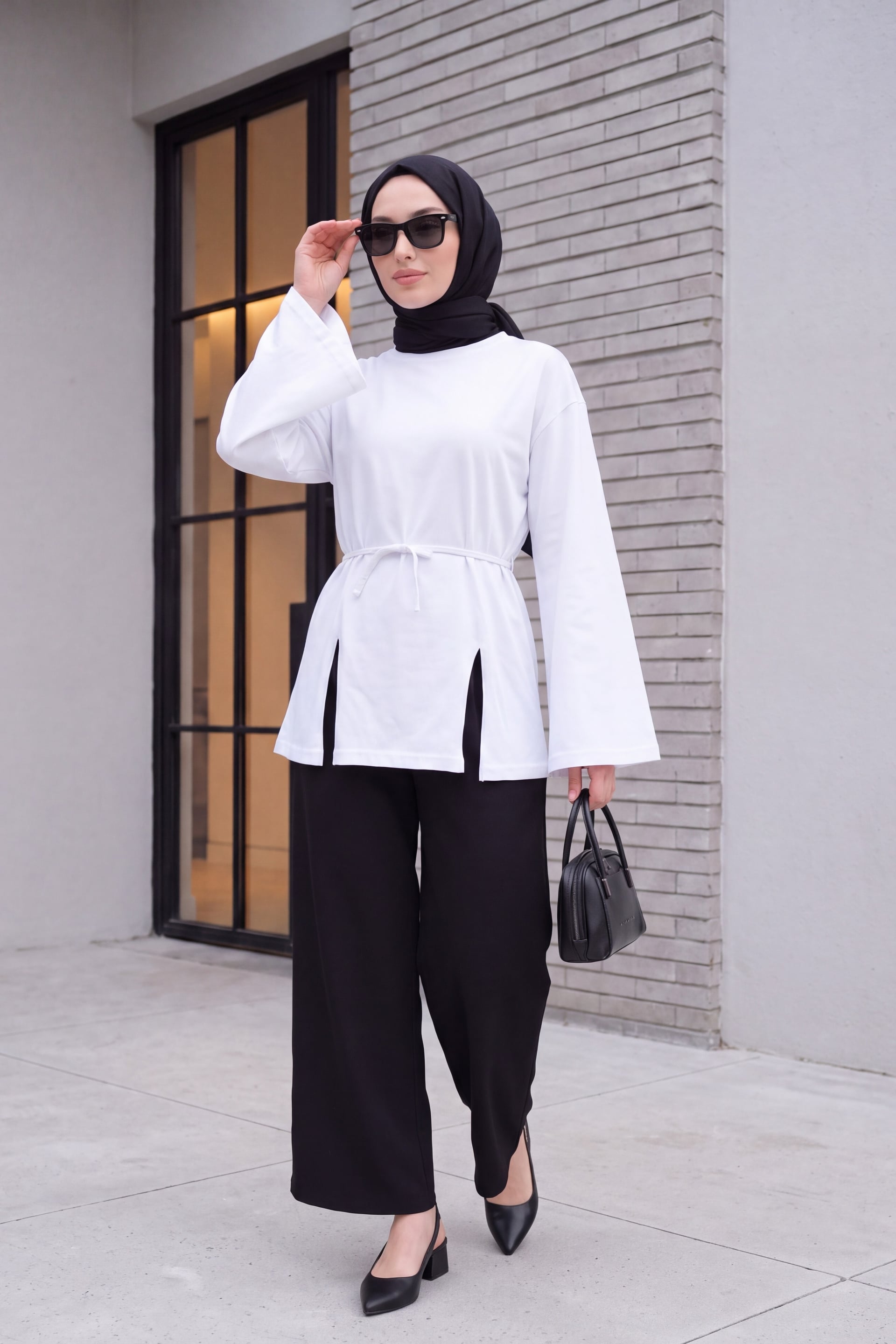 Tie Waist Side Slit Jersey Tunic - White - Podyumplus - by Peralane - photo 2