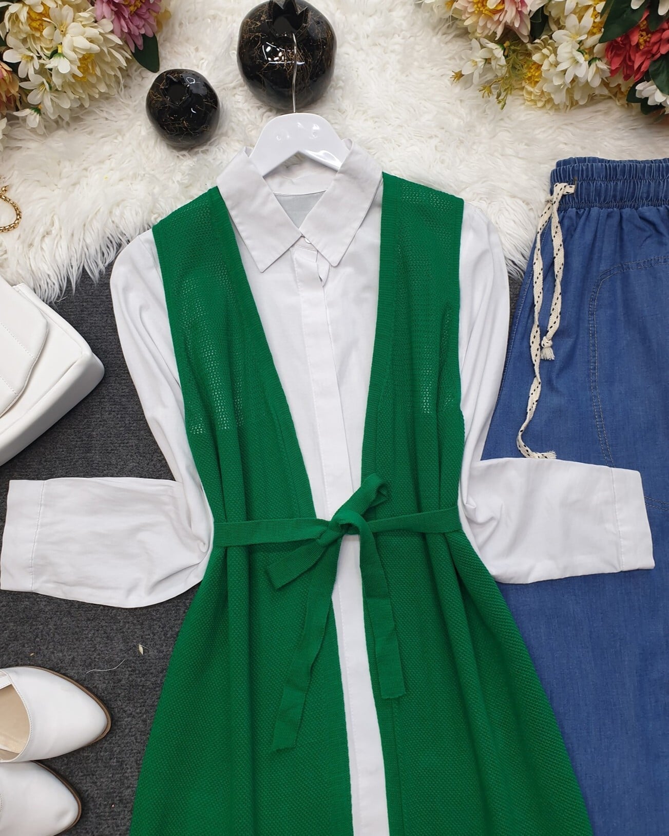 Mesh Patterned Belted Knit Cardigan - Green - Podyumplus - by Peralane - photo 2