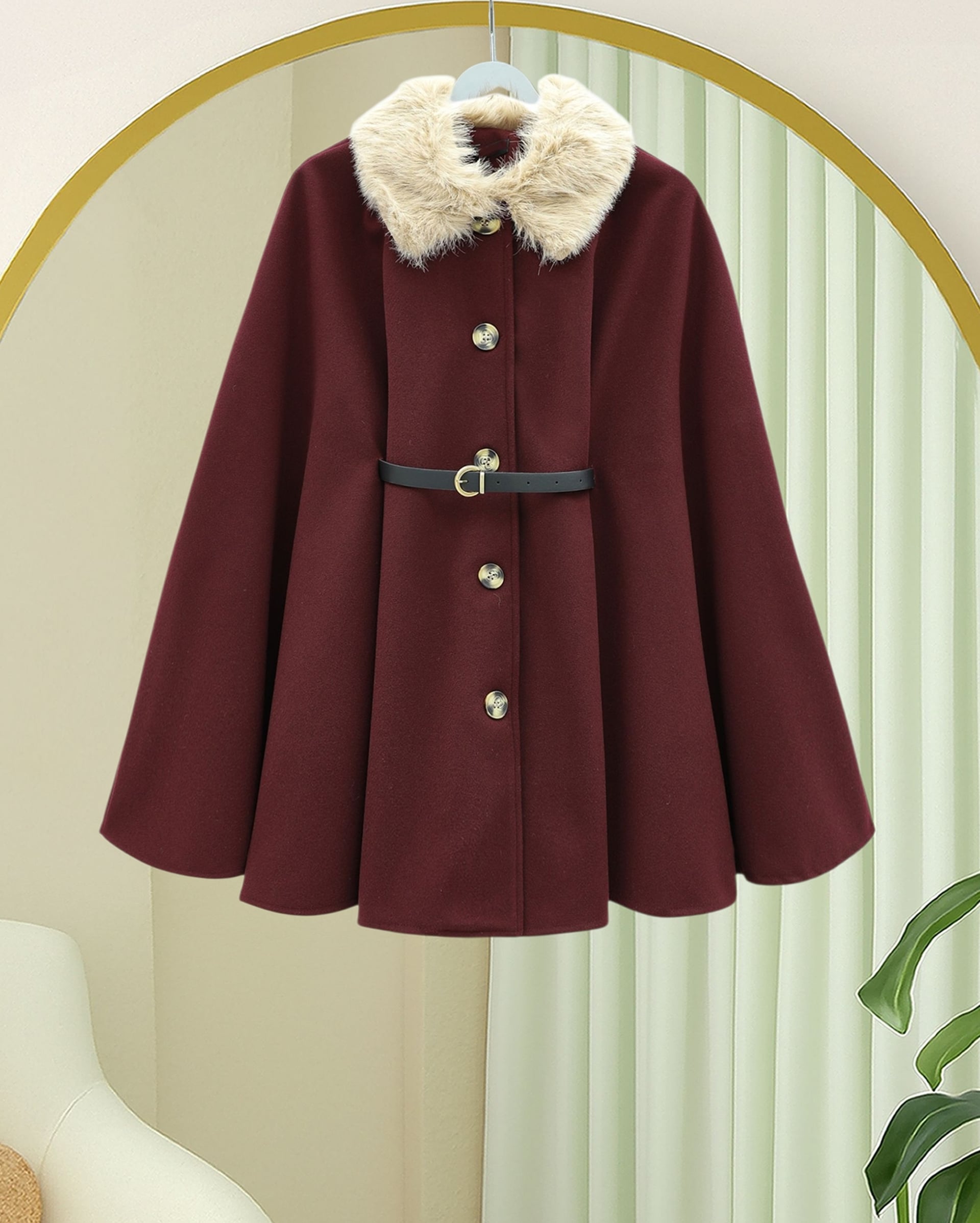 Faux Fur Collar Belted Button Cape Coat - Burgundy - Podyumplus - by Peralane - photo 2