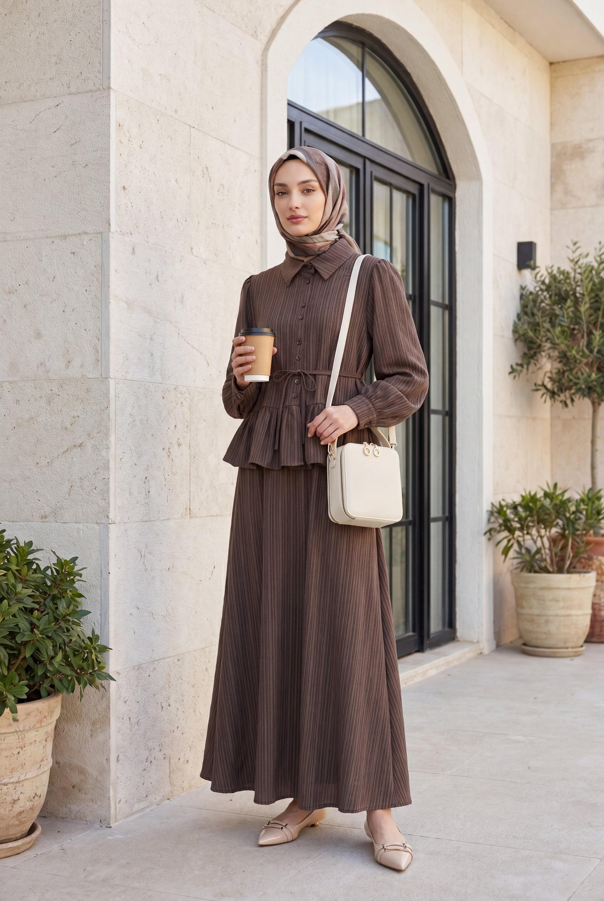 Brown Pleated Skirt and Blouse Two-Piece Set with Tie Waist - Podyumplus - by Peralane - photo 2