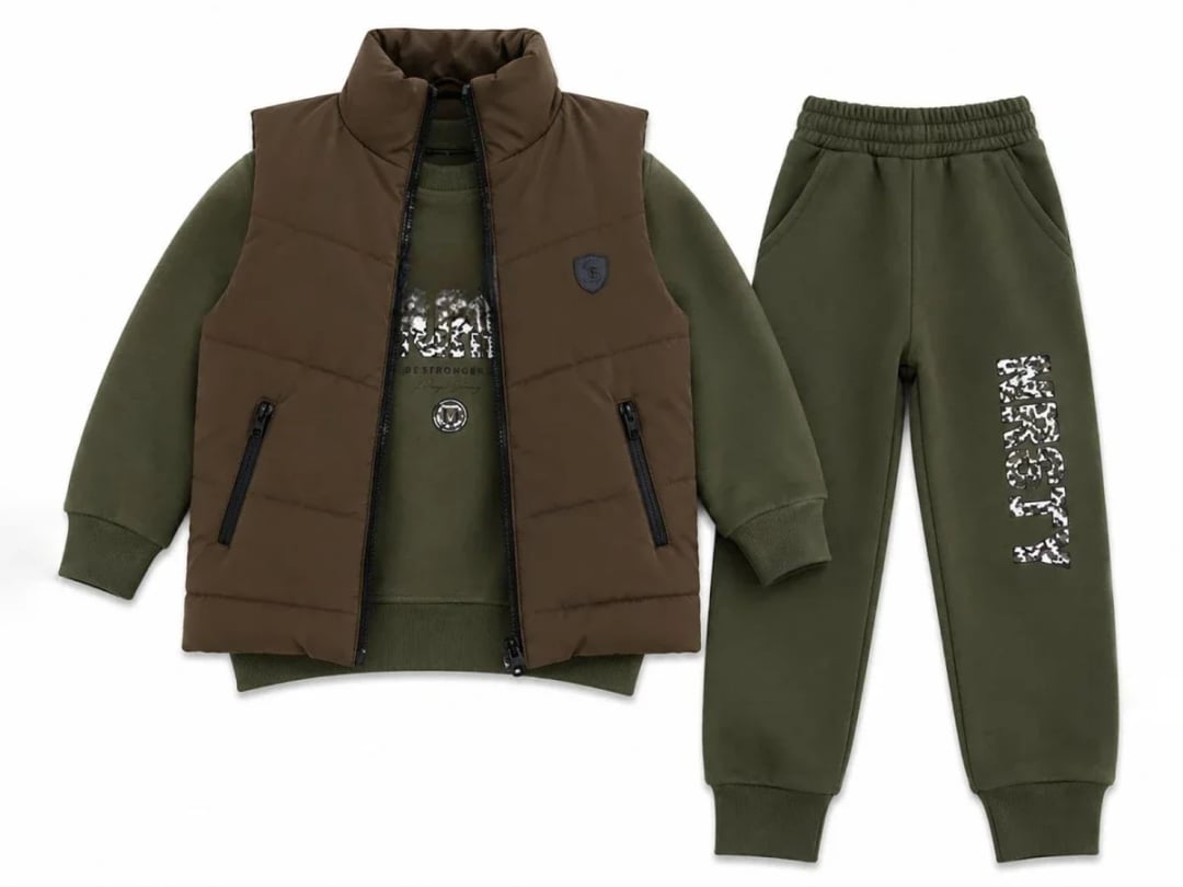 Boys' Printed Puffer Vest Tracksuit Set - Olive Green - CMK - by Peralane