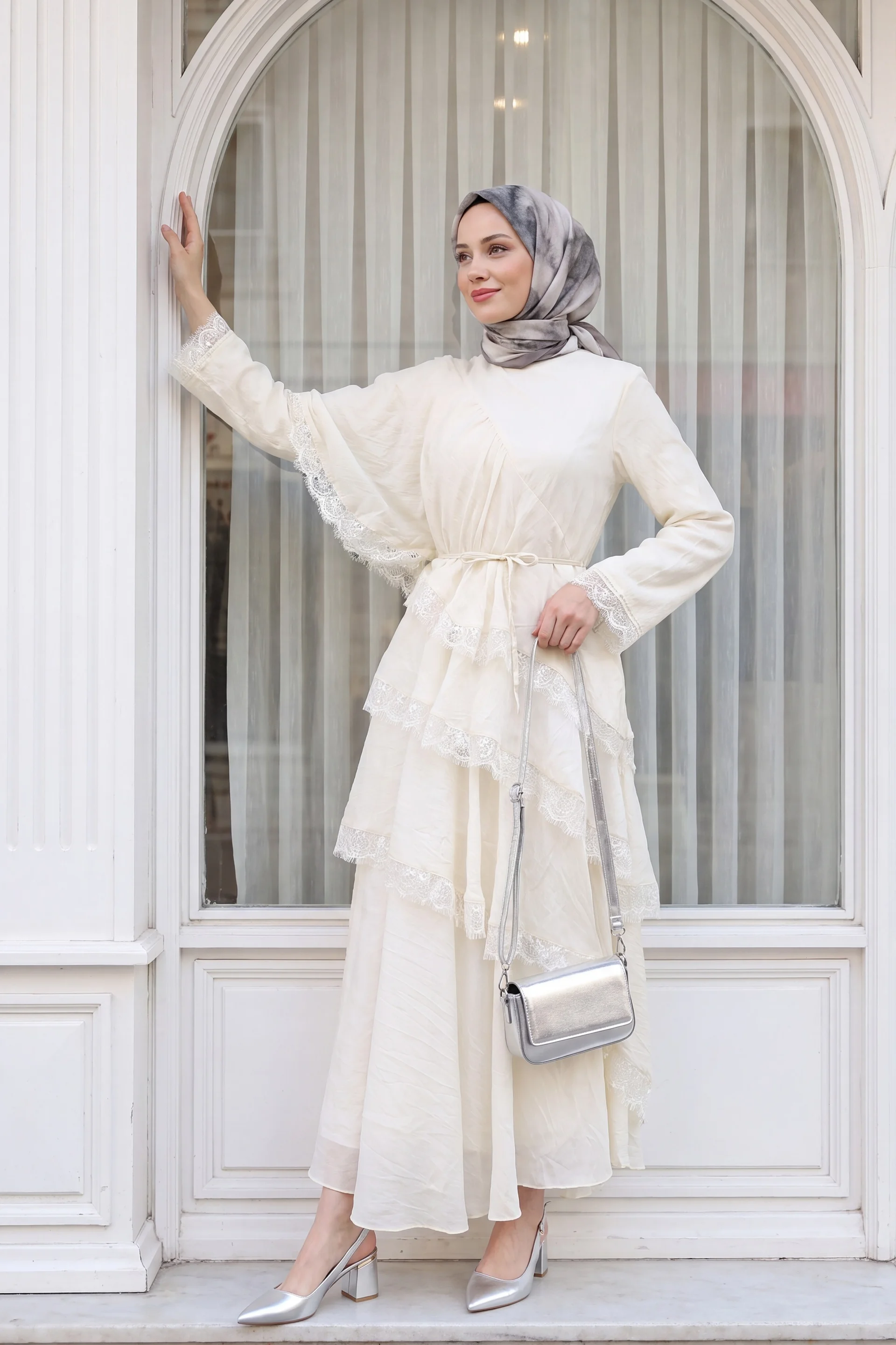 White Lace-Tiered Belted Lined Tulle Modal Dress - Podyumplus - by Peralane - photo 6
