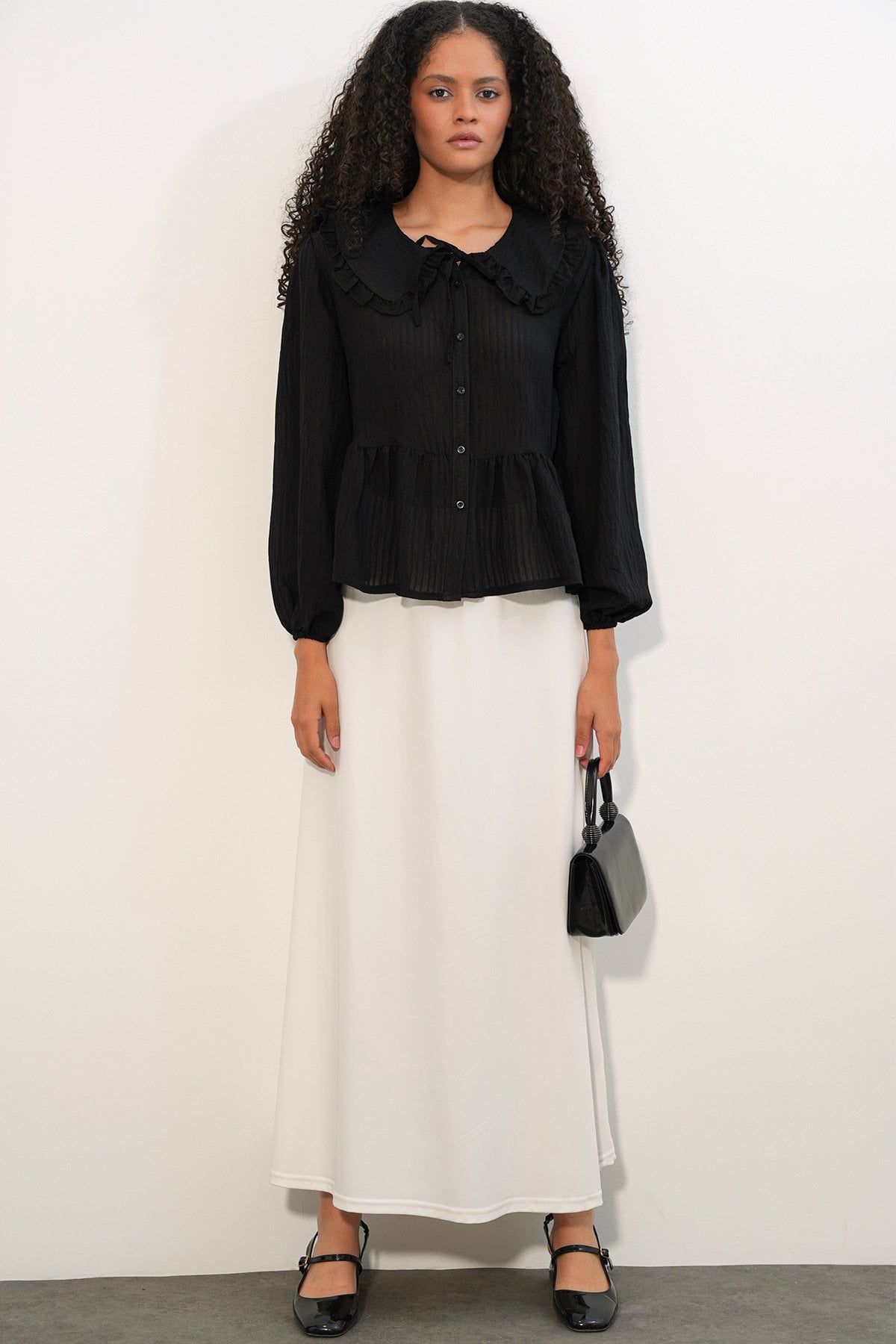 Women's Black Blouse with Ruffled Peter Pan Collar and Peplum Hem - Bigdart - by Peralane