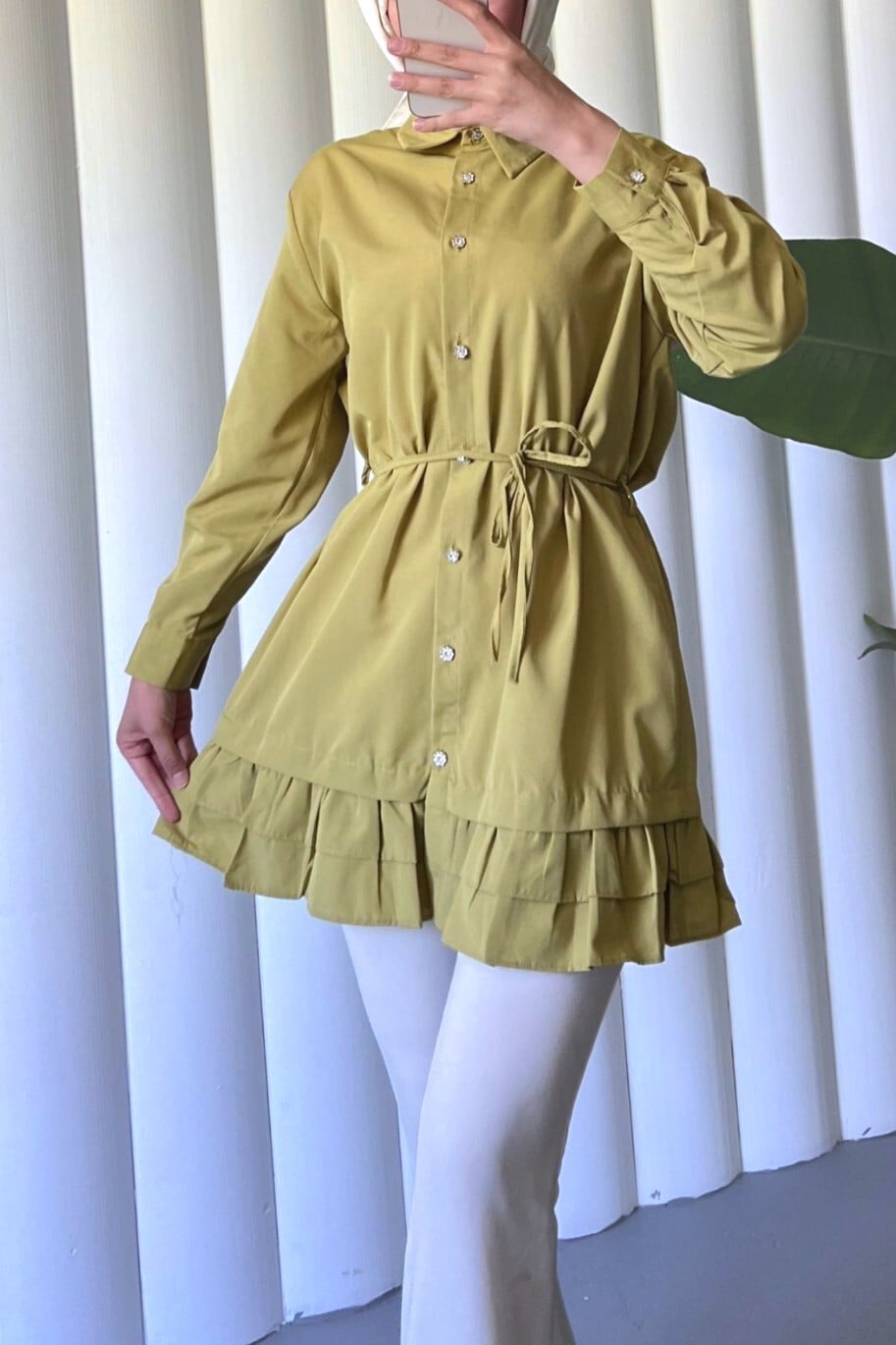 Olive Green Poplin Shirt Tunic with Ruffled Hem and Button Front - Podyumplus - by Peralane