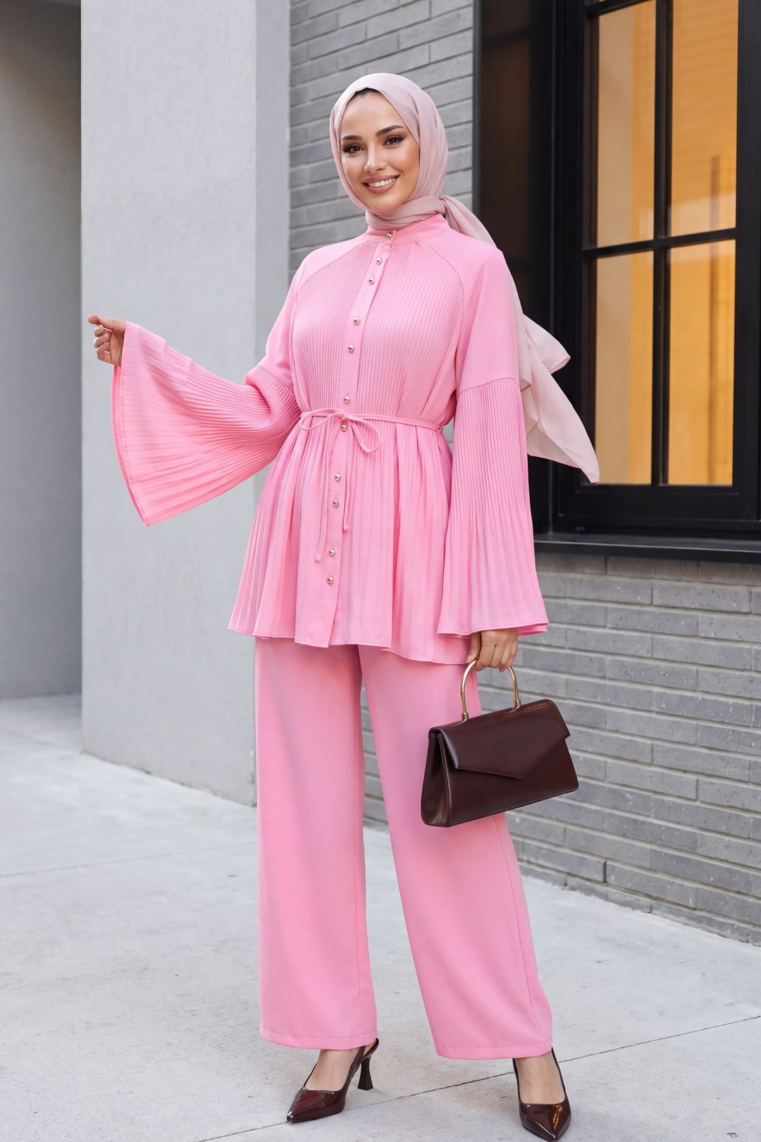 Pleated Mandarin Collar Buttoned Crepe Two-Piece Set - Pink - Podyumplus - by Peralane