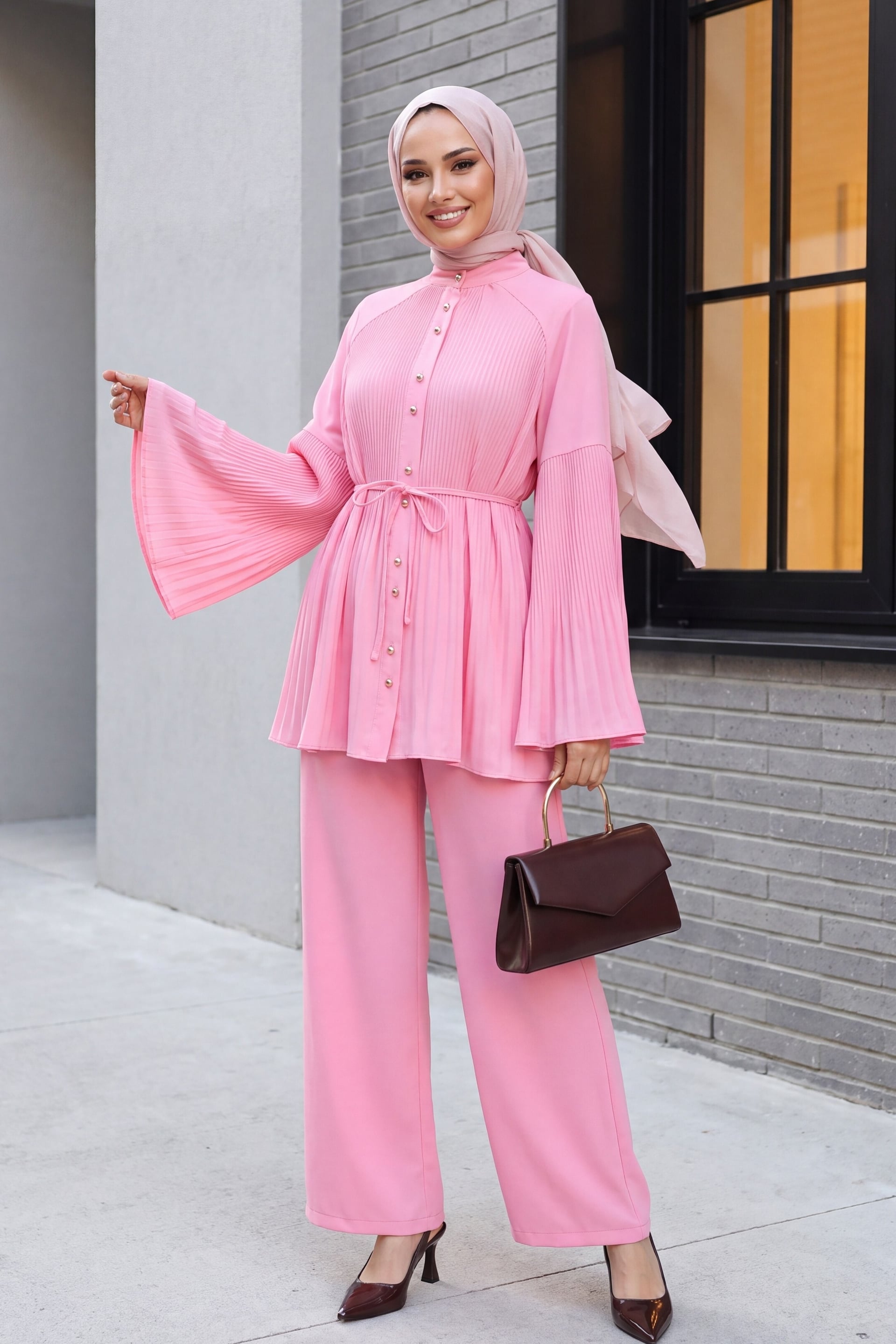 Pleated Mandarin Collar Buttoned Crepe Two-Piece Set - Pink - Podyumplus - by Peralane
