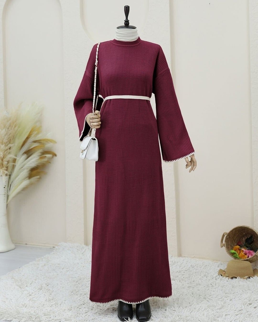 Embroidered Lace-Up Knit Dress - Burgundy - Podyumplus - by Peralane - photo 3