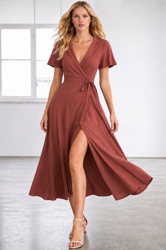 Women's Short-Sleeve Wrap Midi Dress with V-Neck and Waist Tie - Janes - by Peralane - photo 2