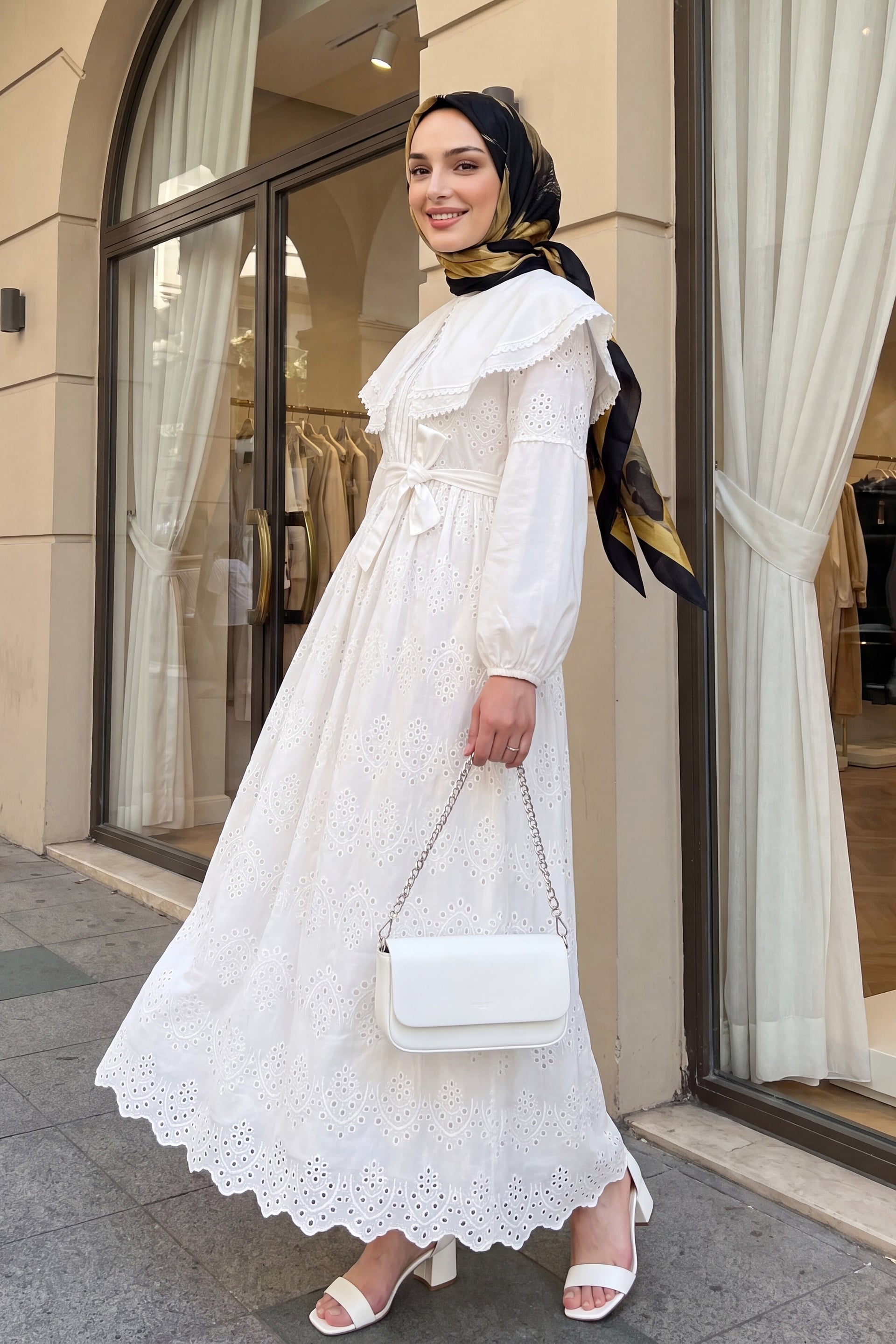 White Cape Collar Lace Detail Midi Dress - Podyumplus - by Peralane - photo 2