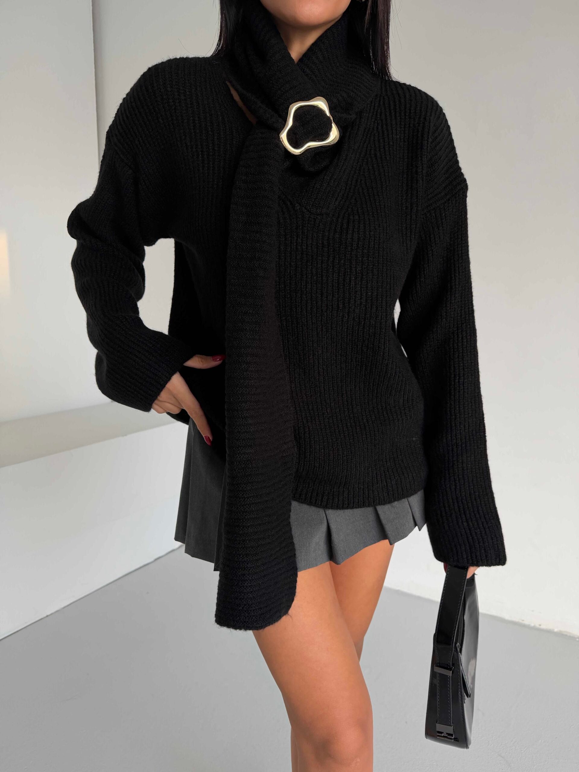 Black Scarf Collar Knit Sweater with Gold Clasp - My Bee - by Peralane