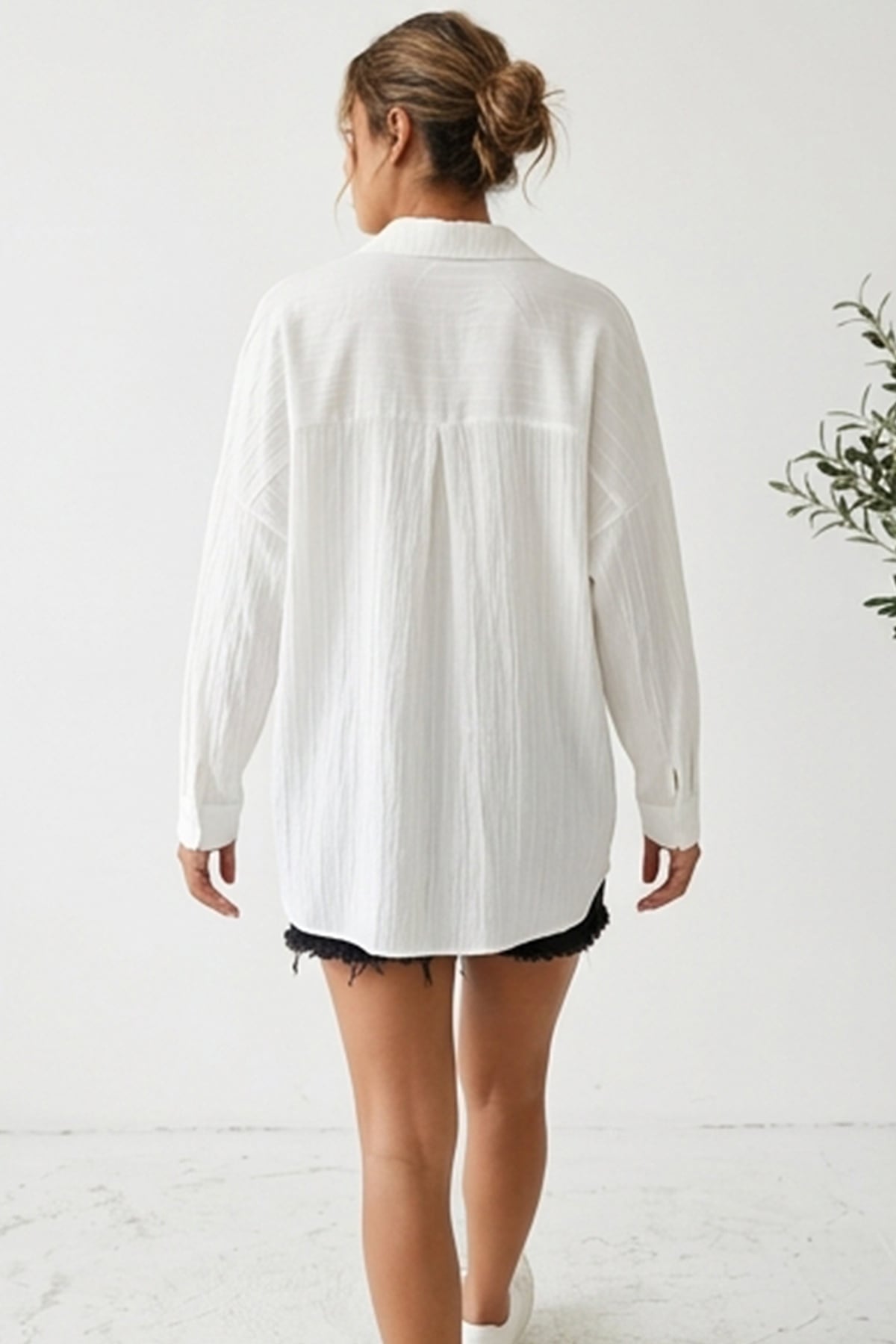 Oversize Long Basic White Shirt with Vertical Stripe Texture - Bigdart - by Peralane - photo 3