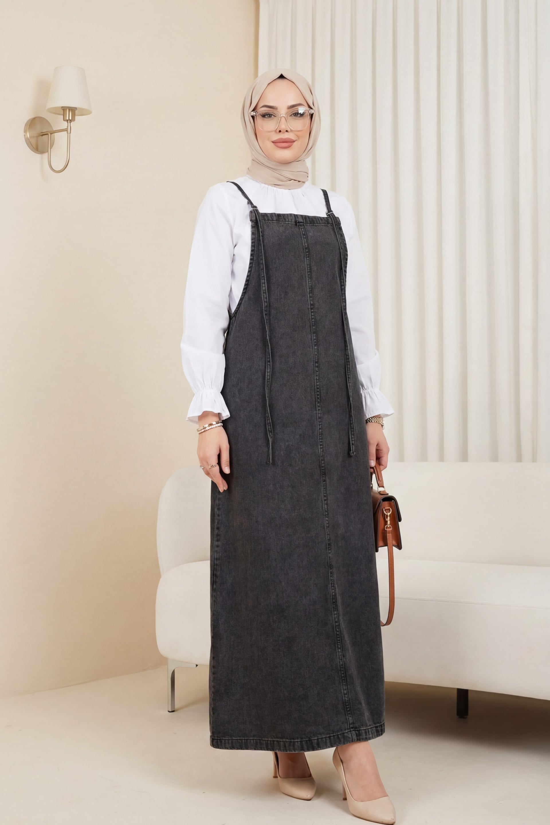 Women's Denim Dungaree Dress with Adjustable Straps - Smoke - Podyumplus - by Peralane
