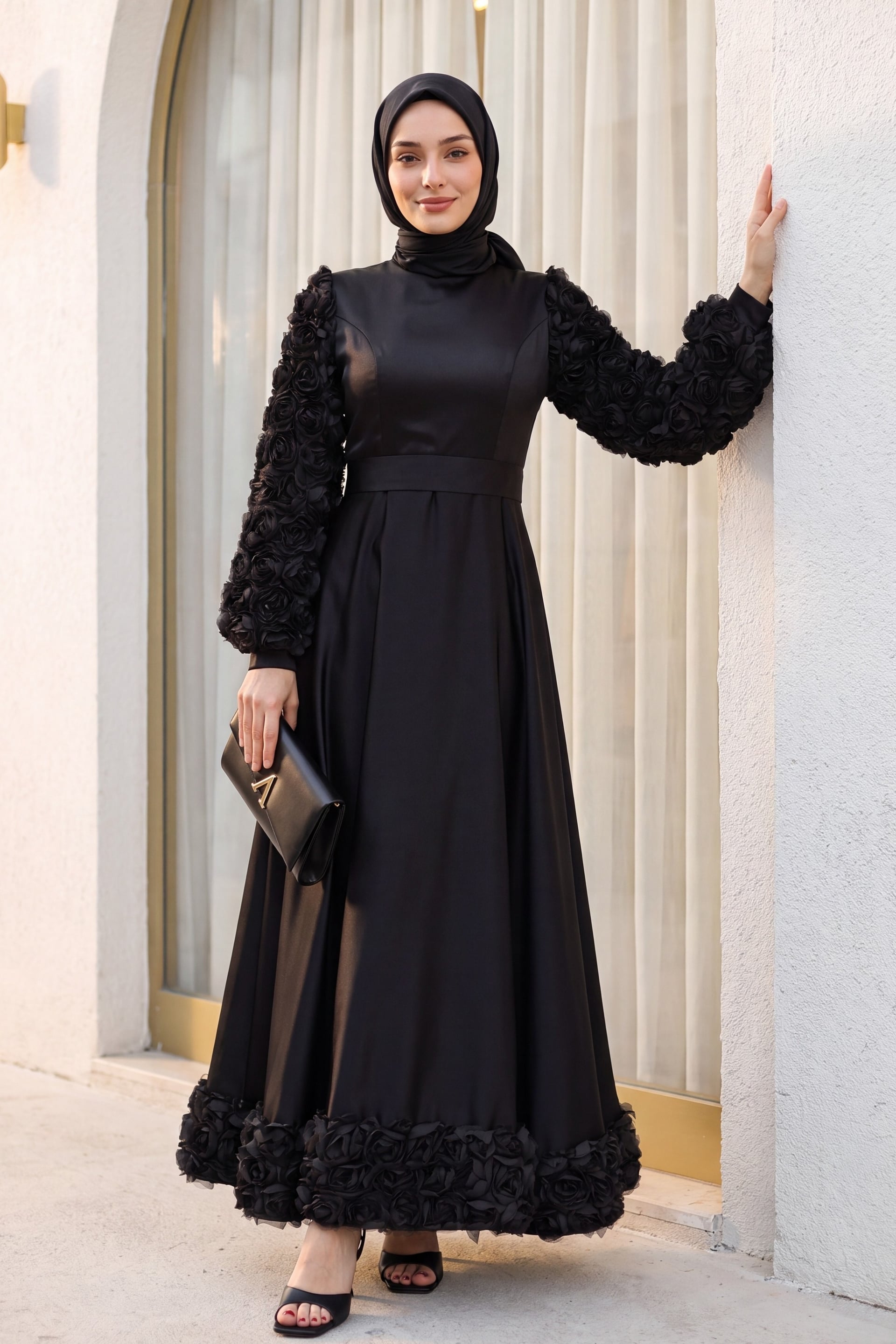 Black Satin Evening Dress with Rose Details - Podyumplus - by Peralane
