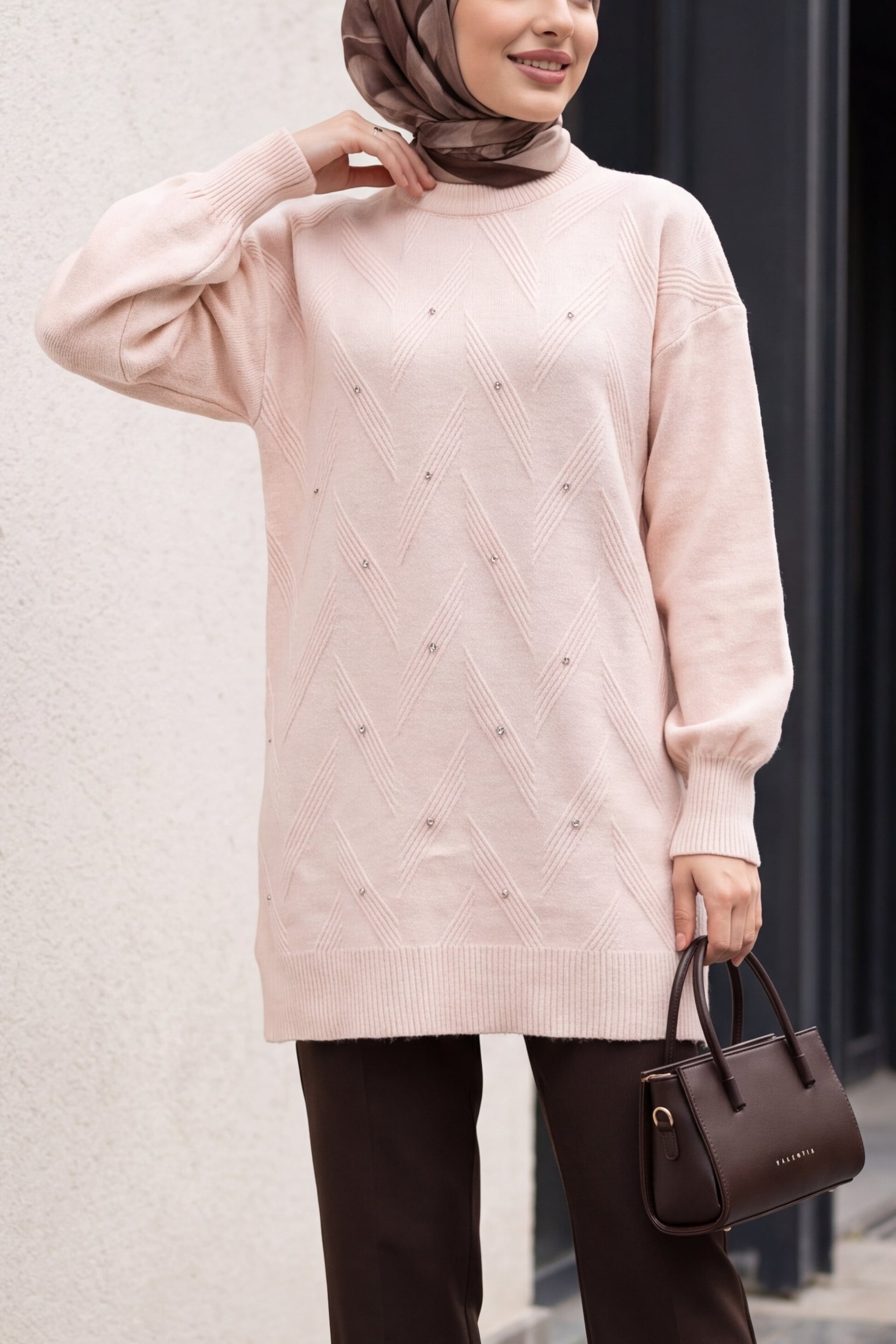 Powder Pink Rhinestone Balloon Sleeve Loose Knit Tunic - Podyumplus - by Peralane