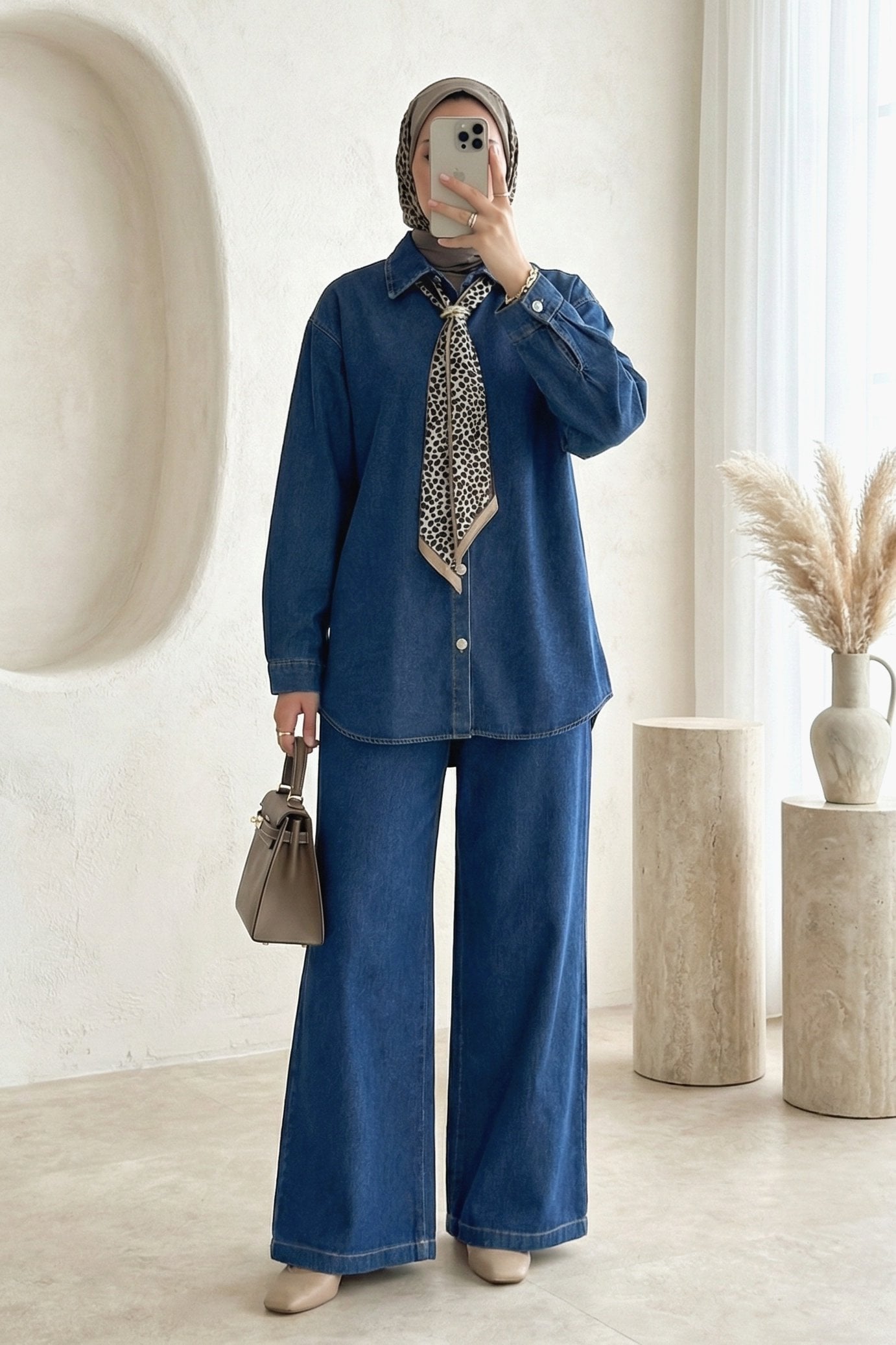 Wide-Leg Elastic Waist Denim Set with Scarf Detail - Indigo - Podyumplus - by Peralane