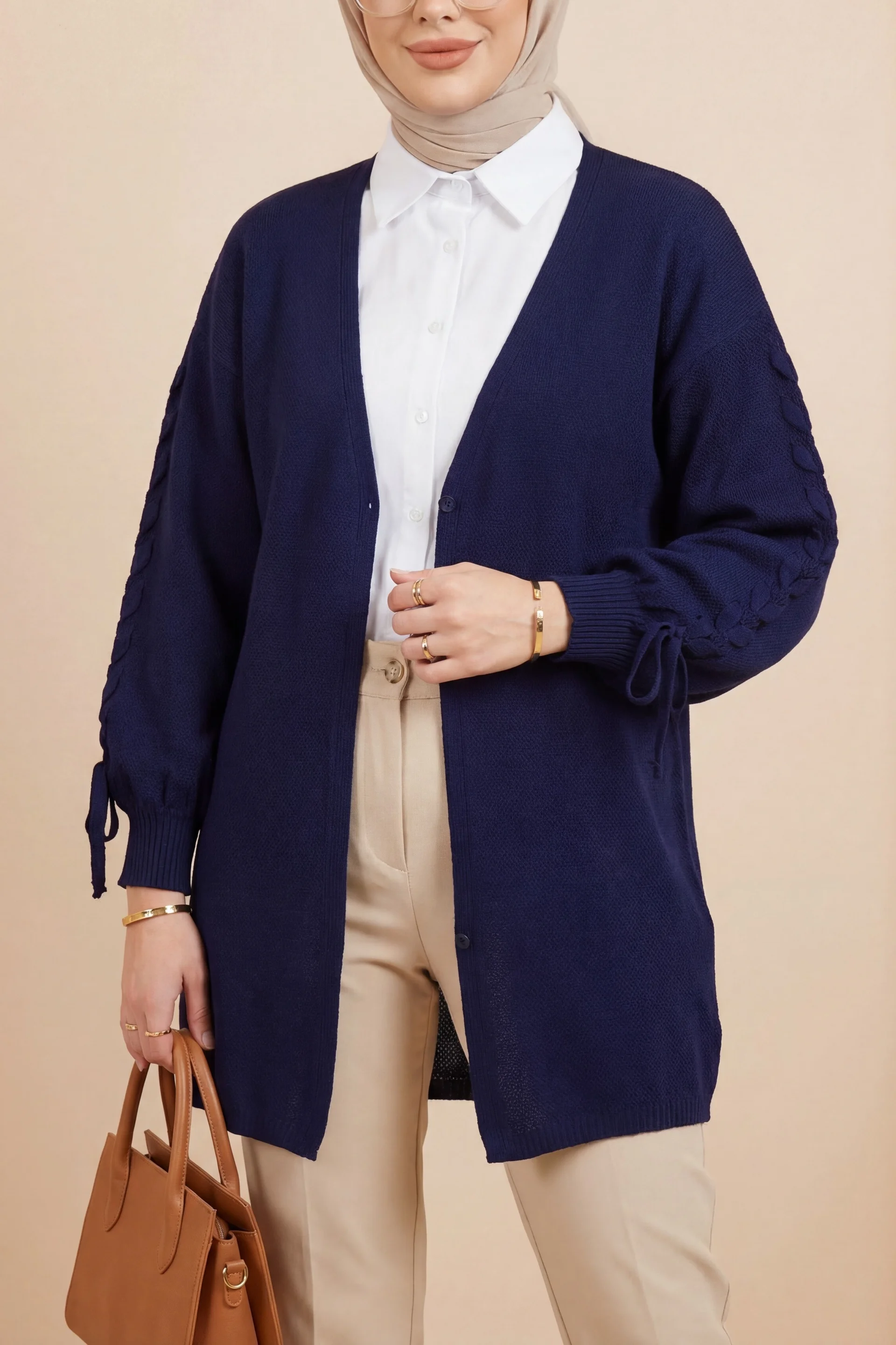 Slouchy Knit Cardigan with Braided Sleeves - Navy - Podyumplus - by Peralane - photo 4