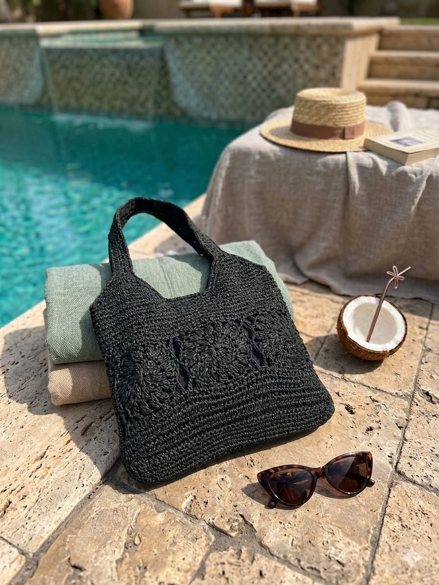 Black Hand-Woven Straw Tote Bag with Floral Cutout Pattern - Nesvay - by Peralane