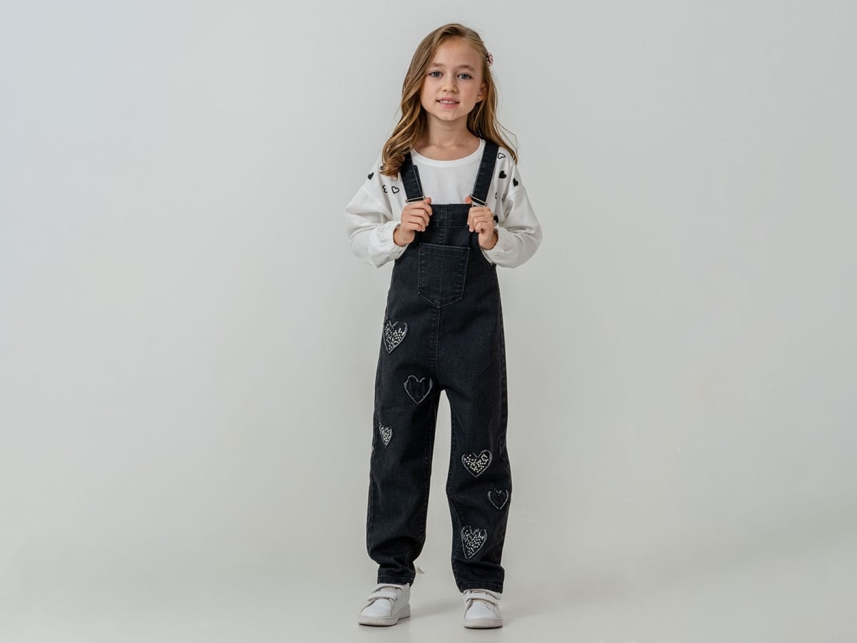 Girls' Heart Embroidered Denim Overalls and T-Shirt Set - Pampal Kids - by Peralane