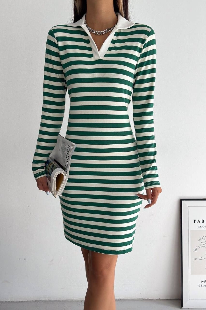 Striped Long Sleeve Dress with Collar - Green - Podyumplus - by Peralane