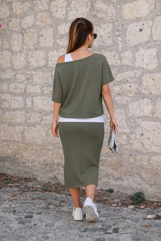 Women's Three-Piece Viscose Set with Strapless Top, Off-Shoulder Top and Skirt in Khaki - Janes - by Peralane - photo 3