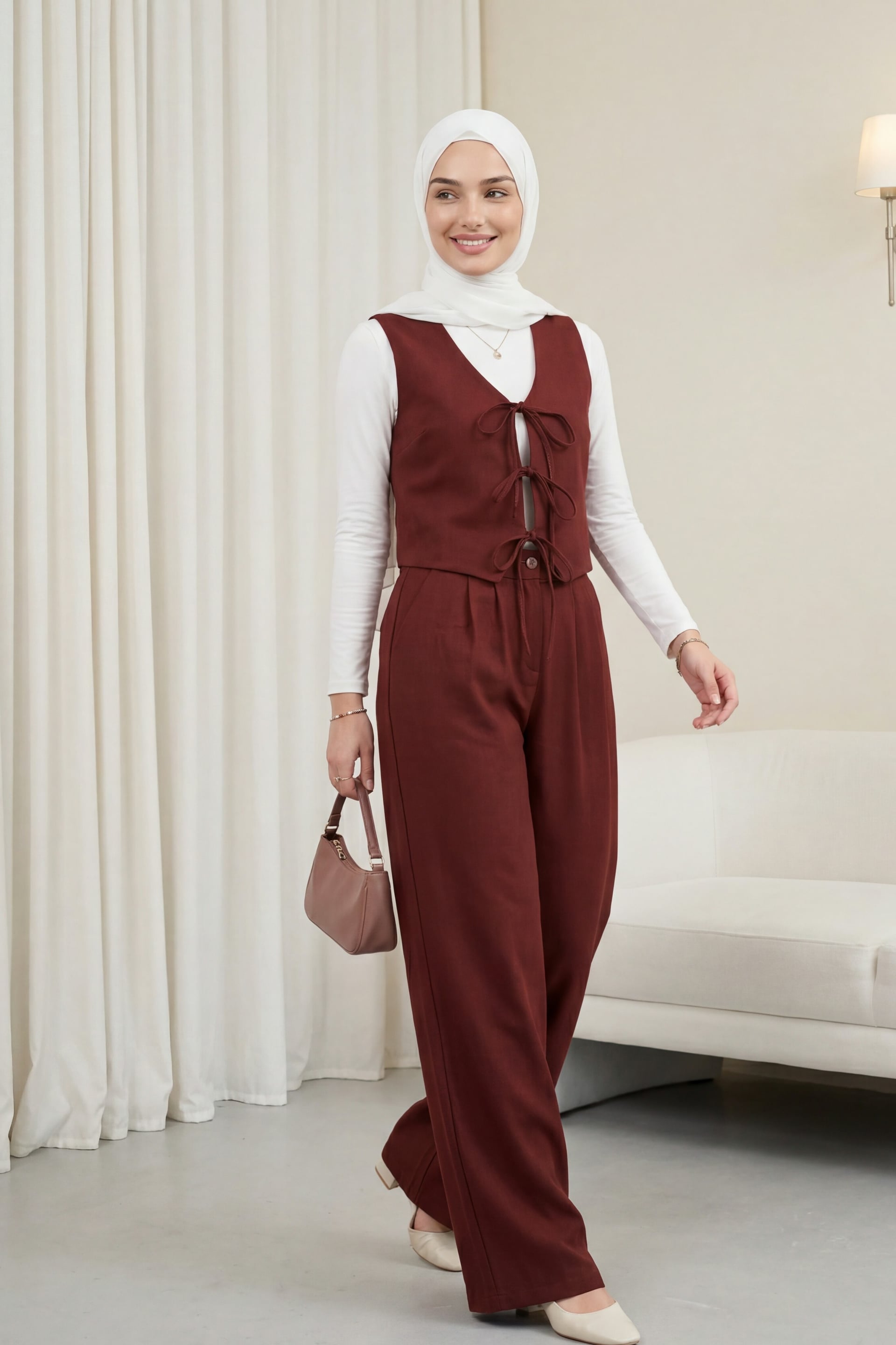 Burgundy Lace-Up Vest, Blouse and Wide-Leg Trousers 3-Piece Linen Look Set - Podyumplus - by Peralane - photo 6