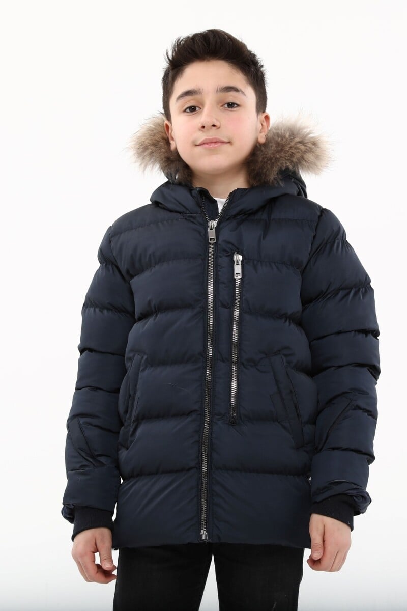 Boys' Navy Blue Puffer Jacket with Fur Hood - 6-14 Years - Benitto Kids - by Peralane