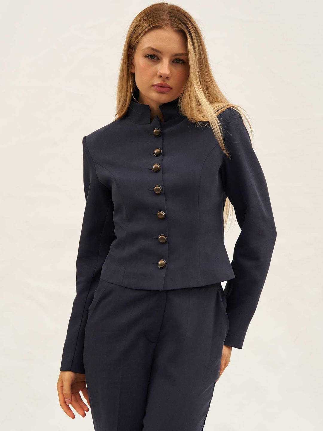 Navy Blue Button-Up Jacket and Wide-Leg Trousers Co-ord Set - Lefon - by Peralane - photo 4