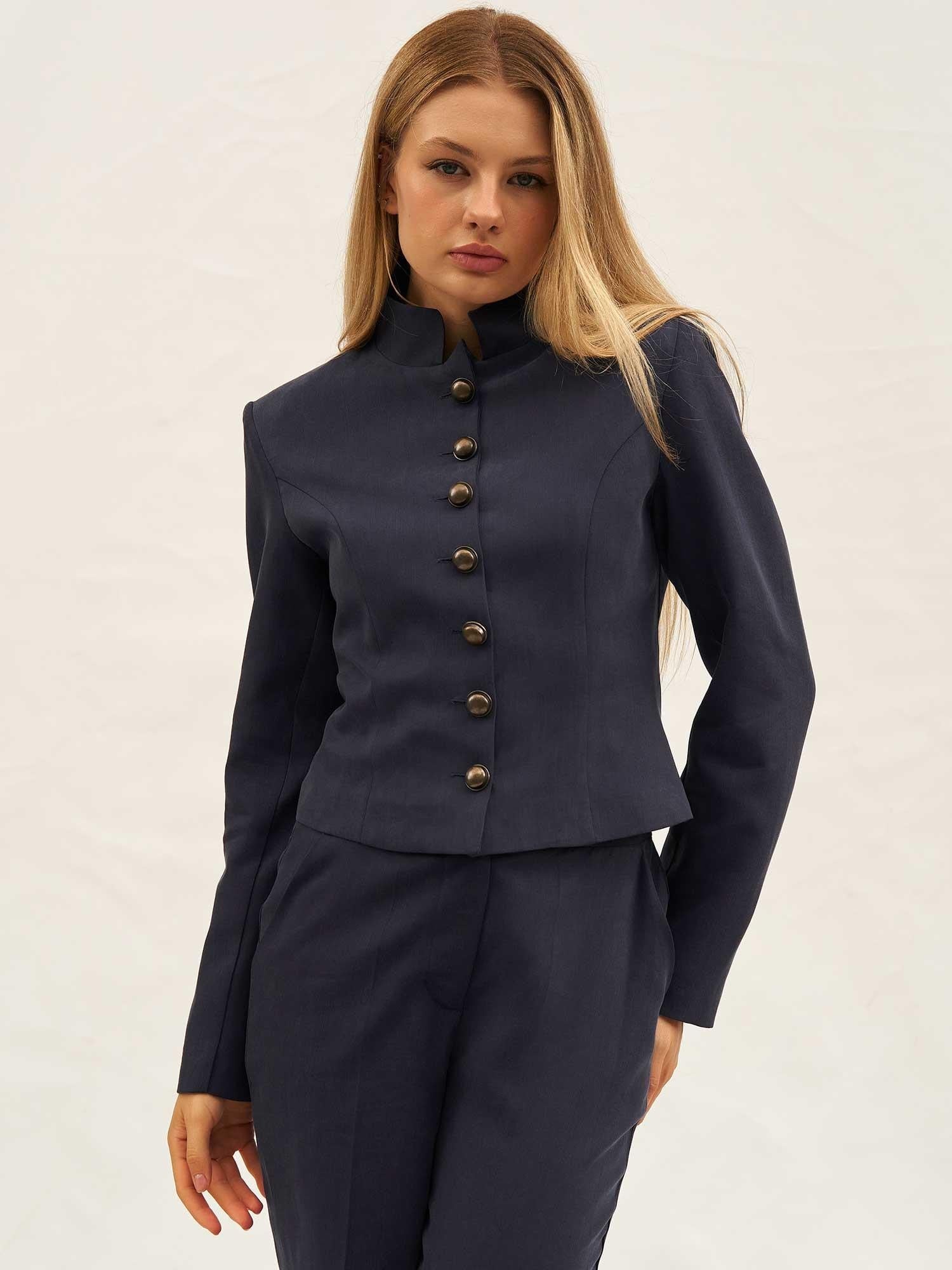 Navy Blue Button-Up Jacket and Wide-Leg Trousers Co-ord Set - Lefon - by Peralane - photo 4