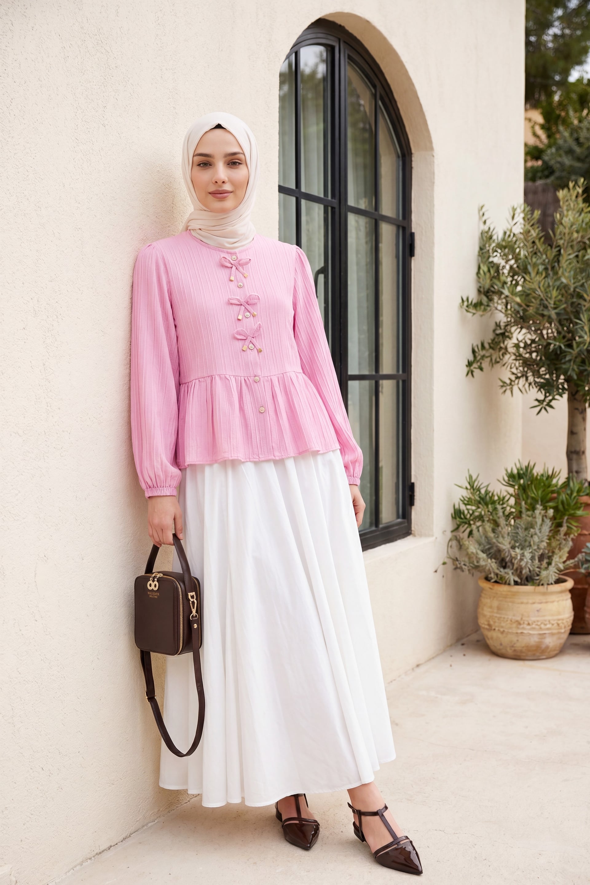 Pink Peplum Blouse with Bow Details and Long Sleeves - Podyumplus - by Peralane