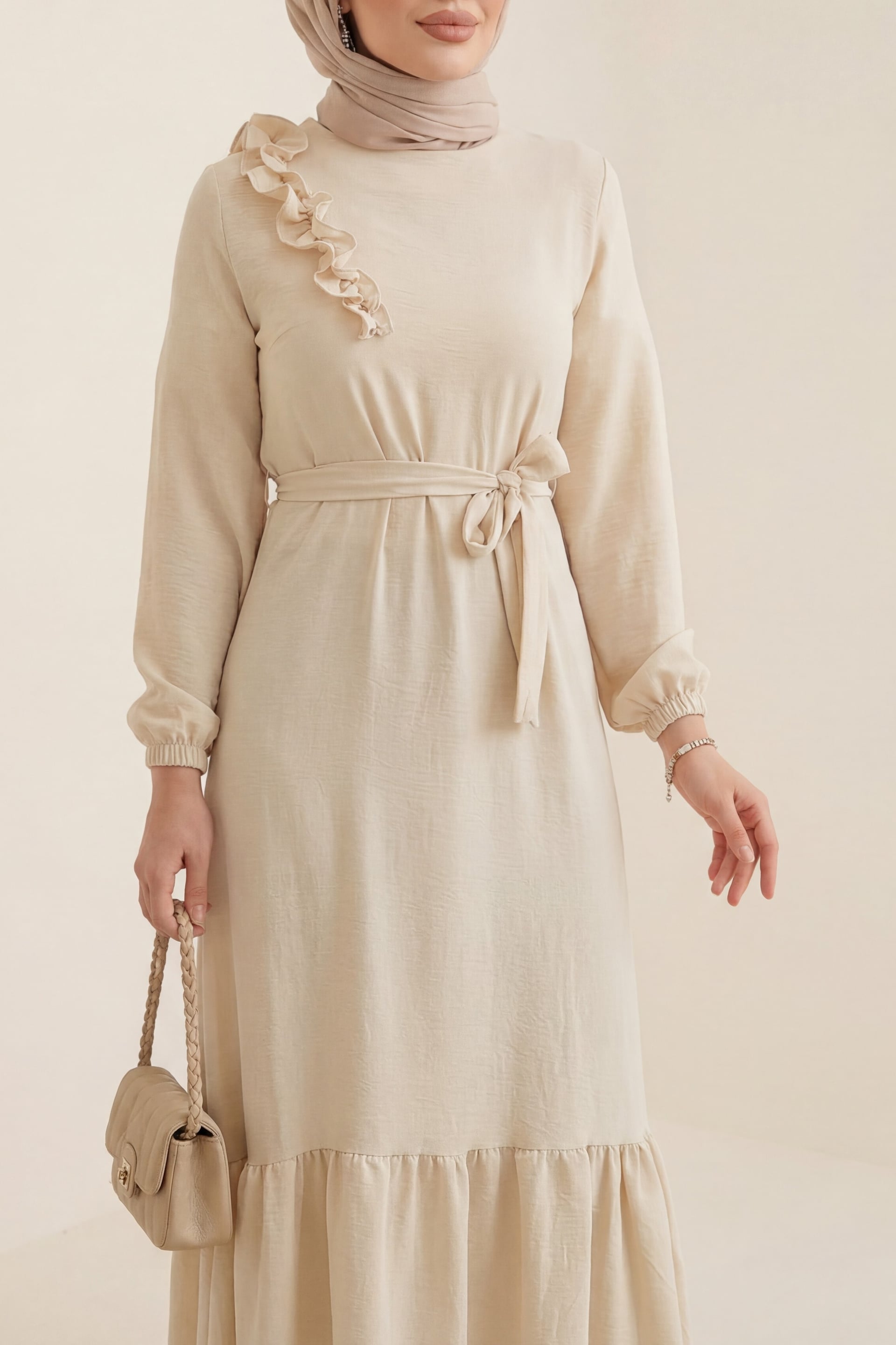 Ruffled Stone Detail Belted Tiered Dress in Ecru - Podyumplus - by Peralane