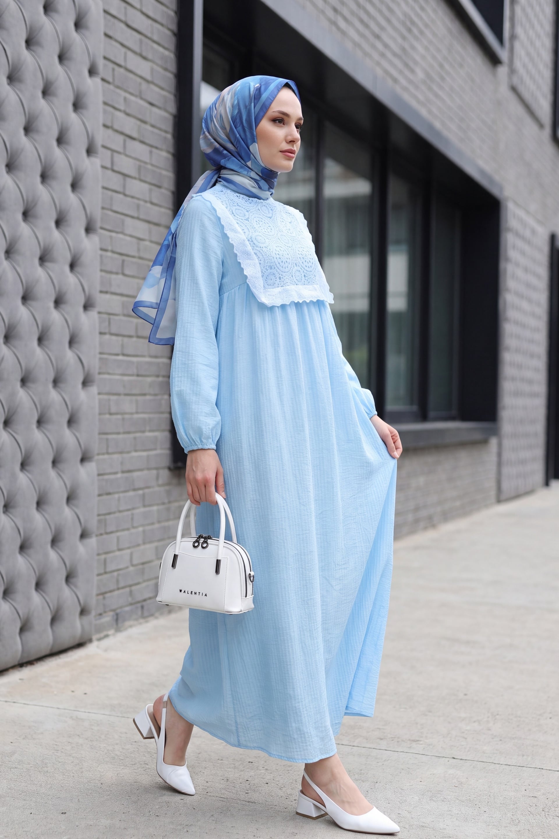 Crinkle Dress with Removable Lace Vest and Ribbed Cuffs - Light Blue - Podyumplus - by Peralane - photo 3