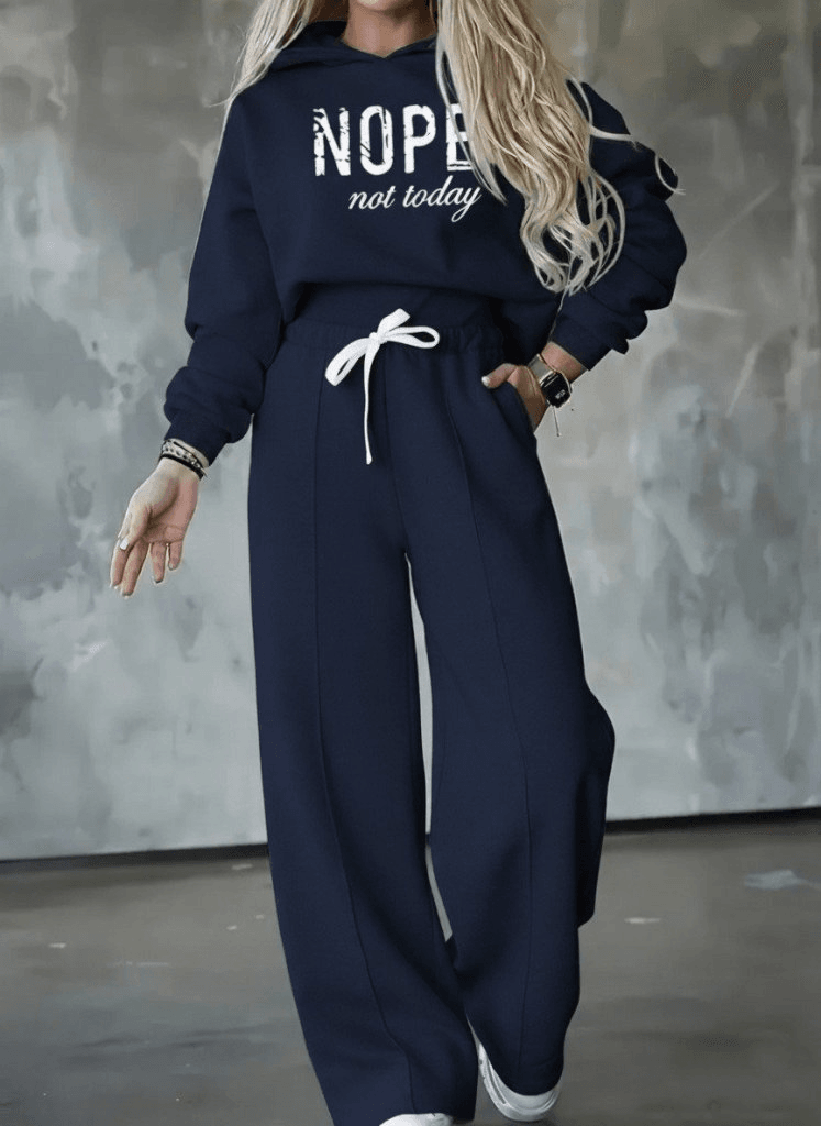 Women's Navy Blue Nope Print Hooded Sweatshirt and Wide-Leg Trousers Loungewear Set - Janes - by Peralane - photo 2