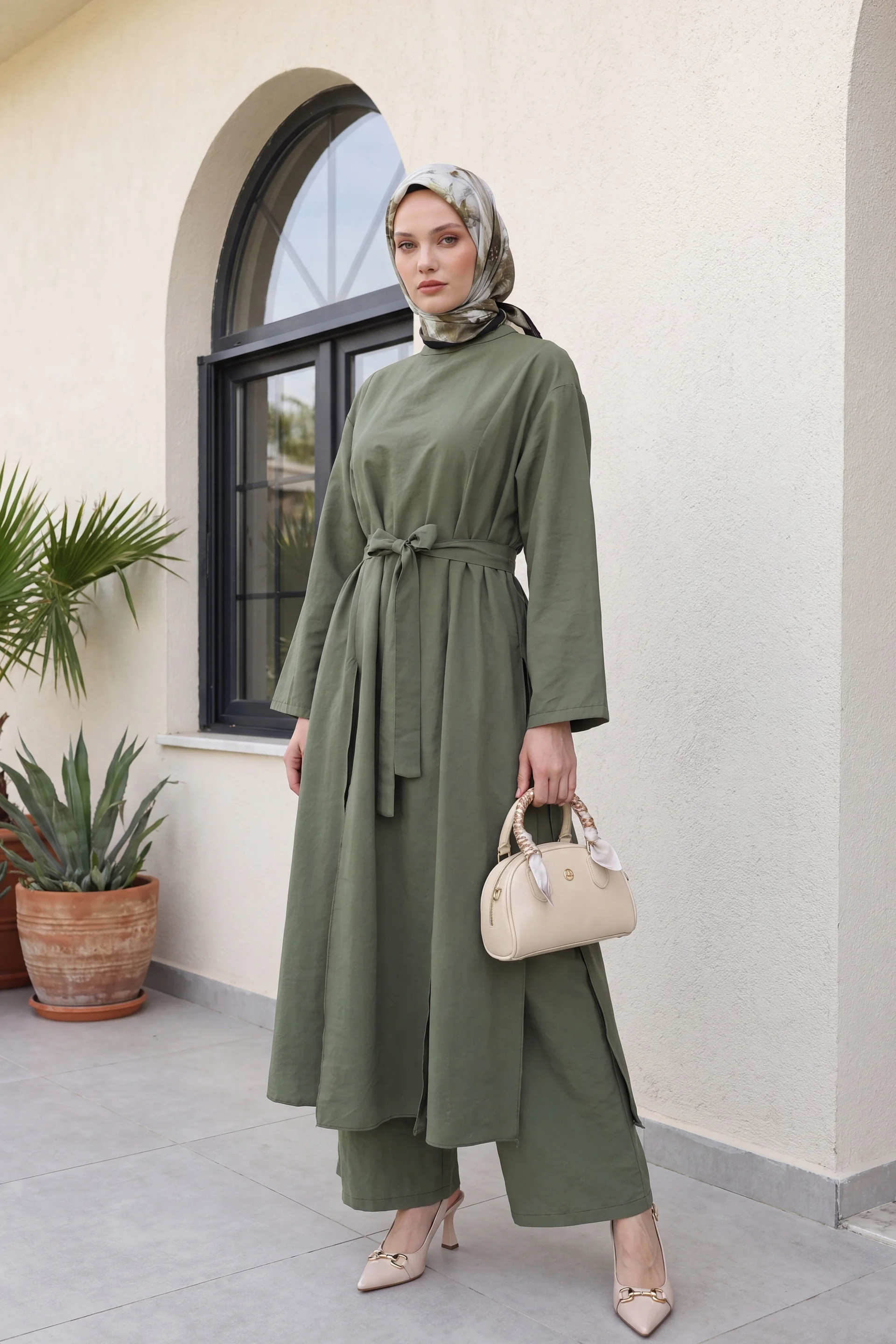 Olive Green Long Tunic and Wide-Leg Trouser Co-ord Set - Podyumplus - by Peralane - photo 3