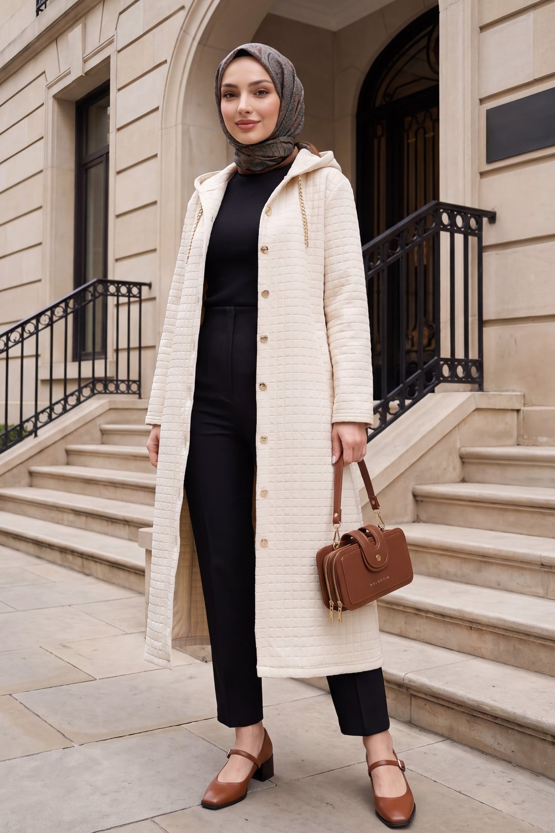 Chain Detail Long Quilted Coat - Stone - Podyumplus - by Peralane - photo 3
