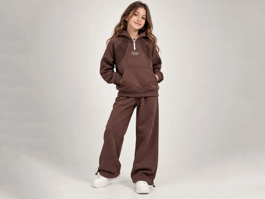 Classic Printed Hooded Girls' Set - Brown - ÖZ Bebe - by Peralane