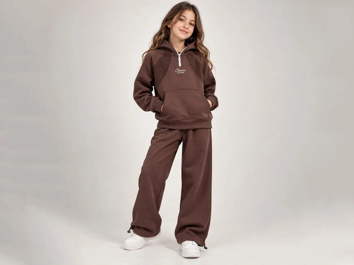 Classic Printed Hooded Girls' Set - Brown - ÖZ Bebe - by Peralane
