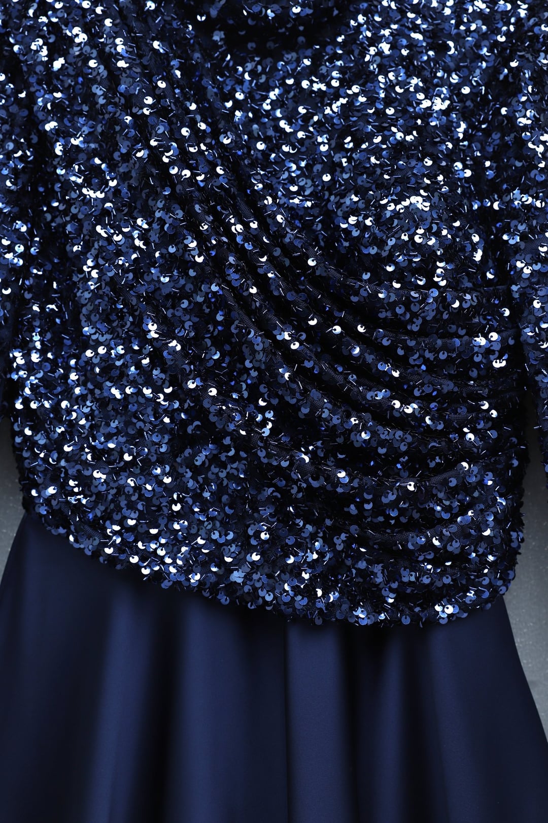 Navy Sequin Bodice Feather Sleeve Satin Evening Dress - Podyumplus - by Peralane - photo 4