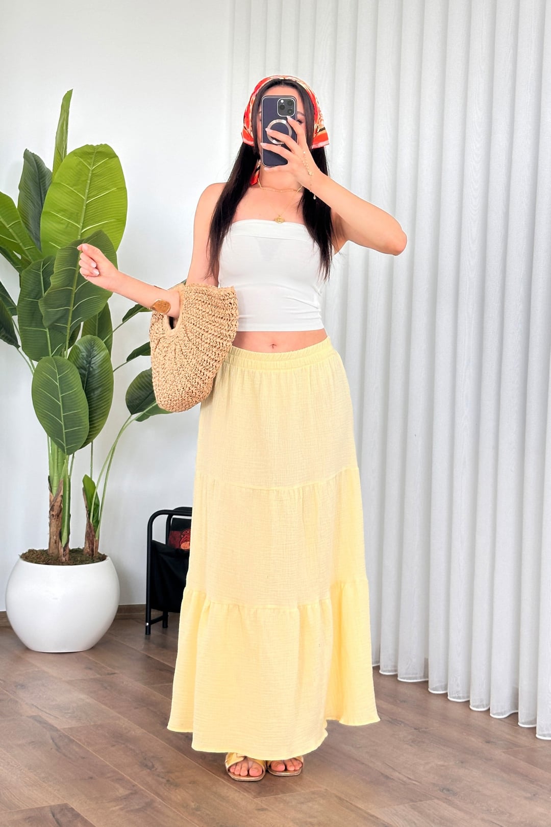 Yellow A-Line Muslin Cotton Long Skirt with Tie-Front Blouse Set - Lustri̇n - by Peralane