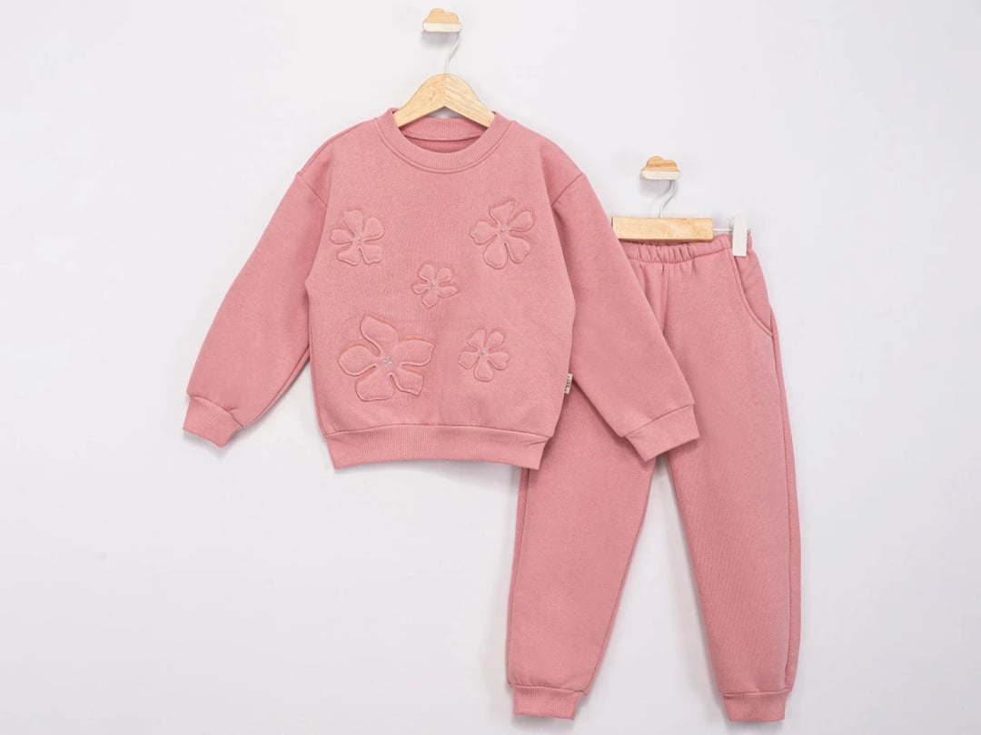 Flower Embroidered Stone Detail 3-Thread Brushed Girls' Set - Feely Kids - by Peralane