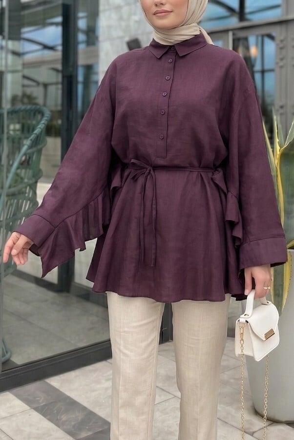 Buttoned Belted Batwing Sleeve Frill Oversize Modal Tunic - Plum - Podyumplus - by Peralane