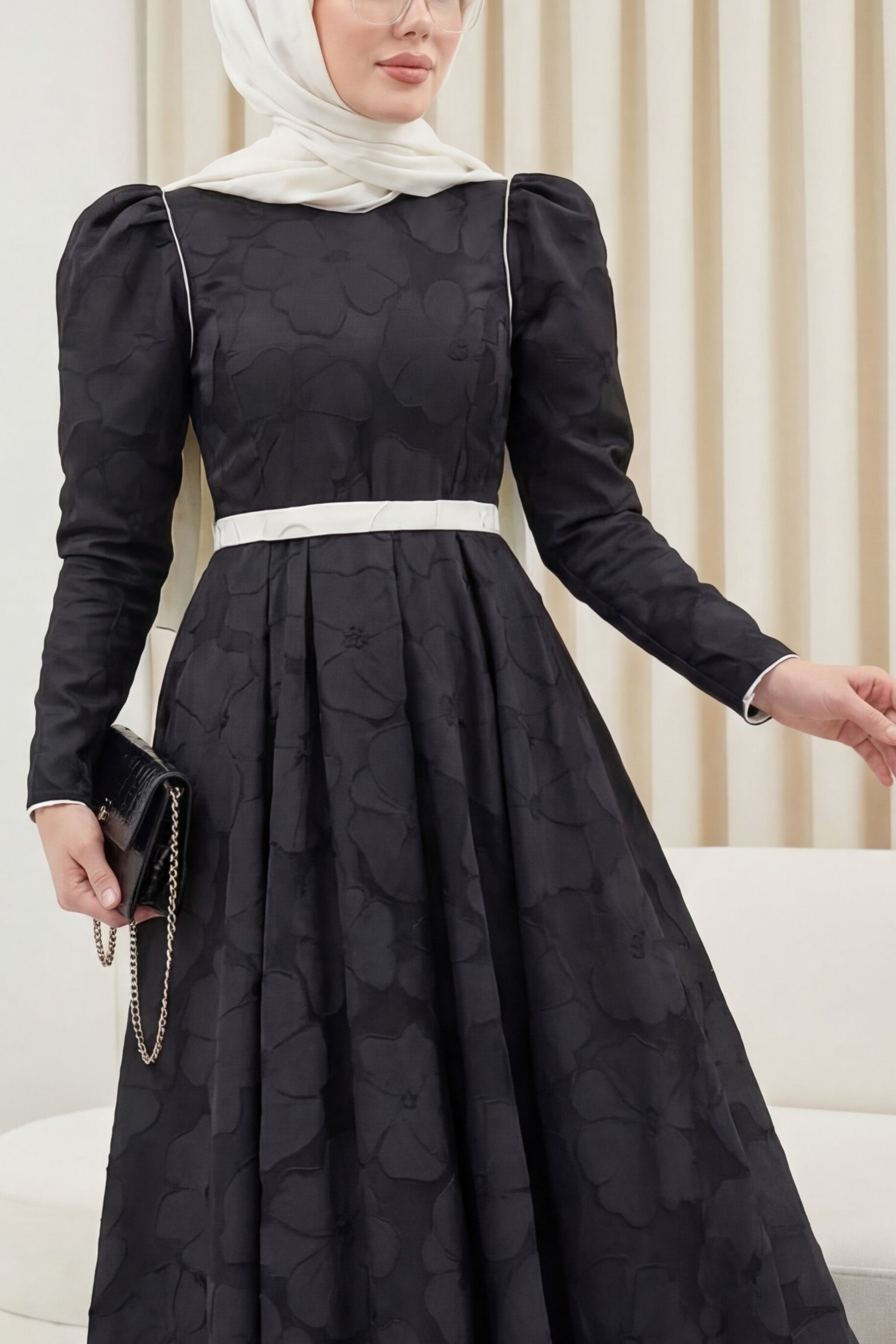 Black Belted Balloon Skirt Cold Print Kaftan Evening Dress - Podyumplus - by Peralane - photo 2