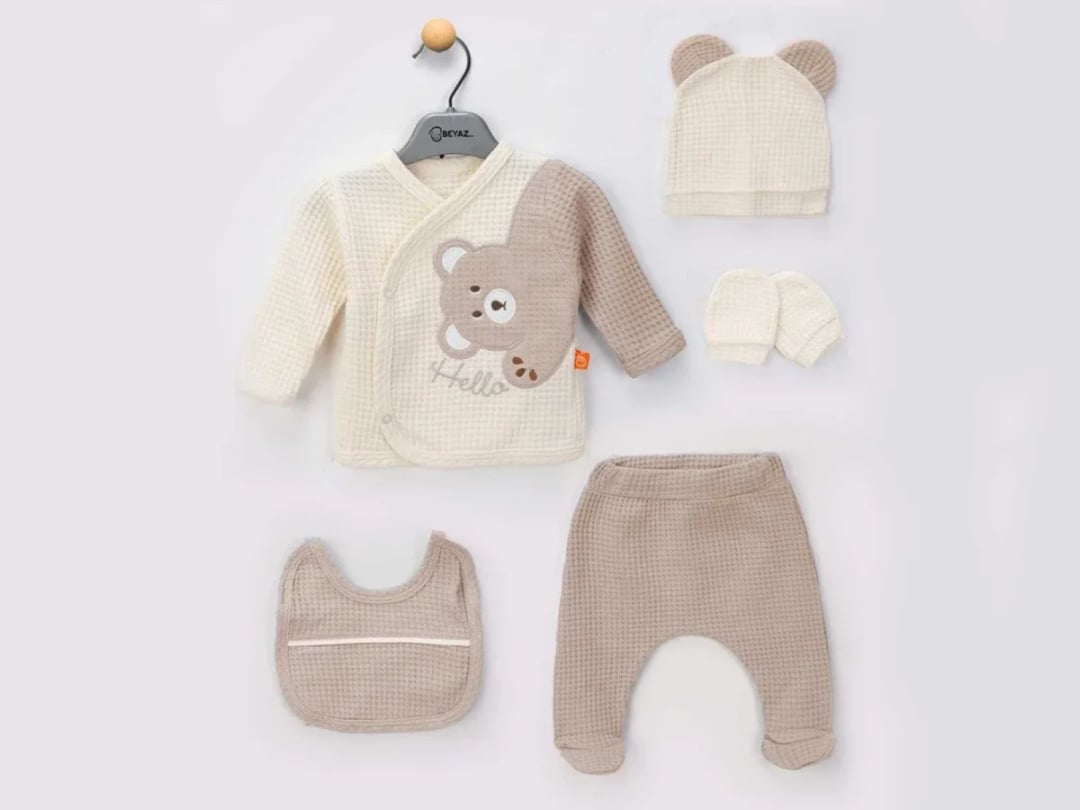 Bear Print Baby Boy 5-Piece Set - Beige - Beyaz Bebek - by Peralane