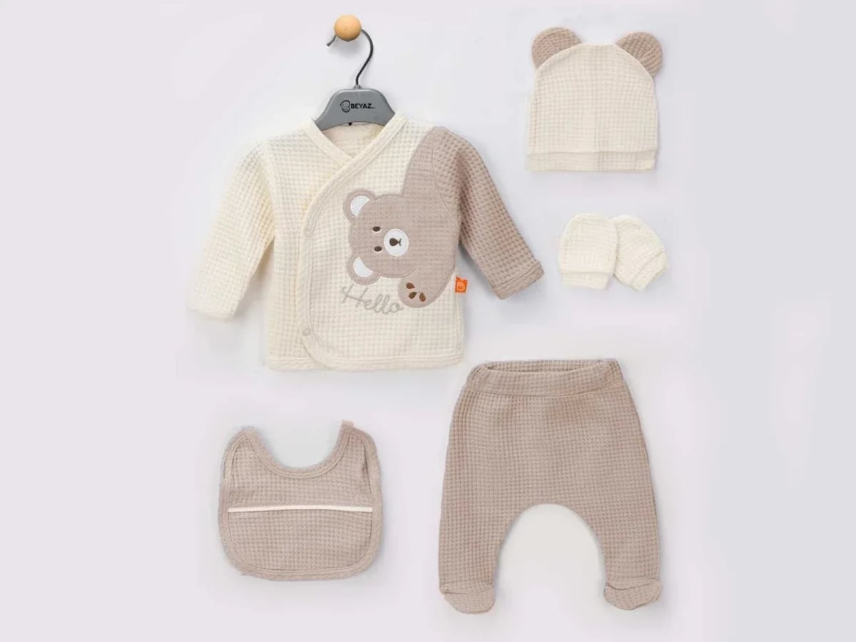 Bear Print Baby Boy 5-Piece Set - Beige - Beyaz Bebek - by Peralane