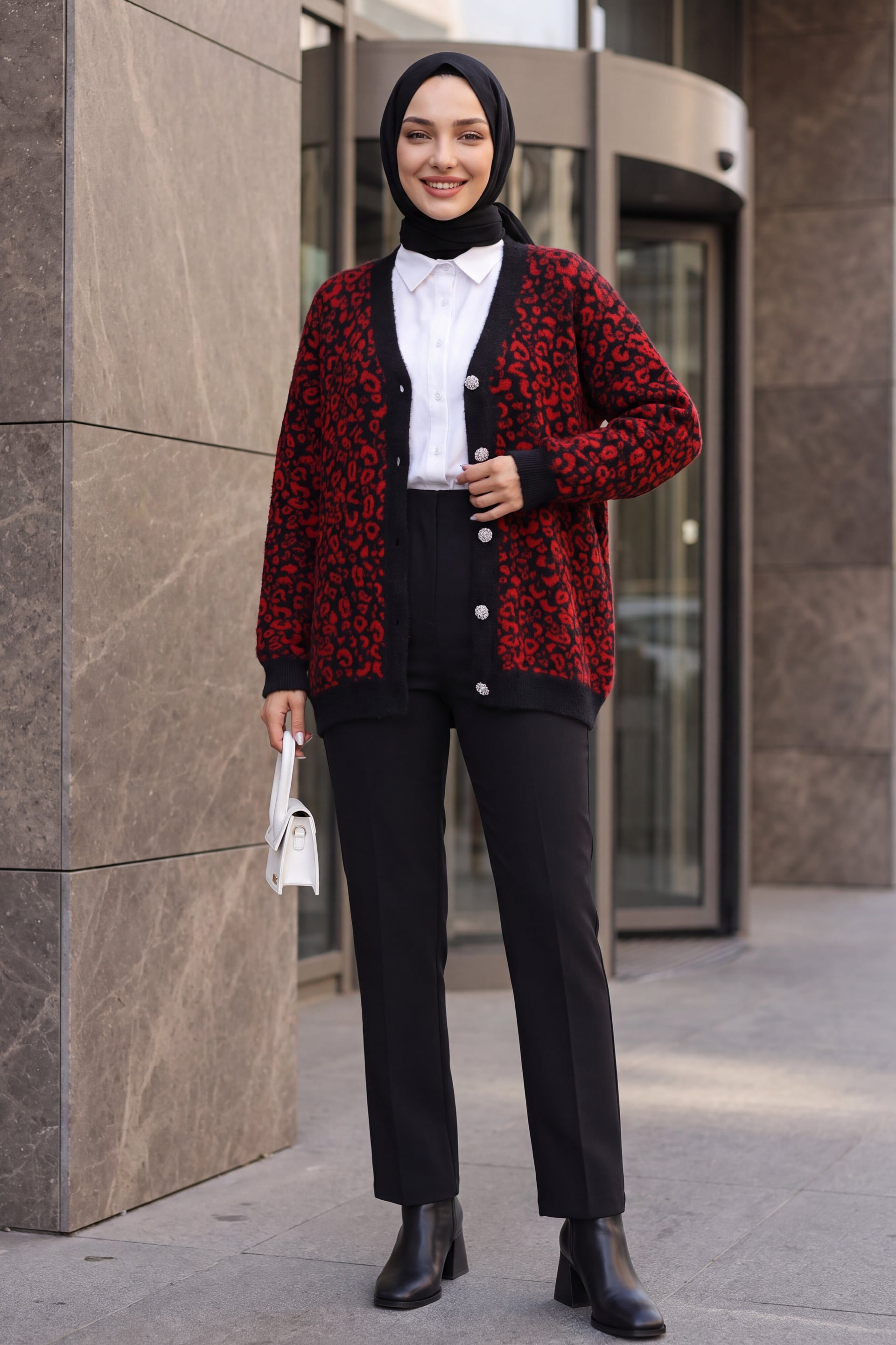 Leopard Print Buttoned Oversize Knit Cardigan - Red - Podyumplus - by Peralane - photo 4