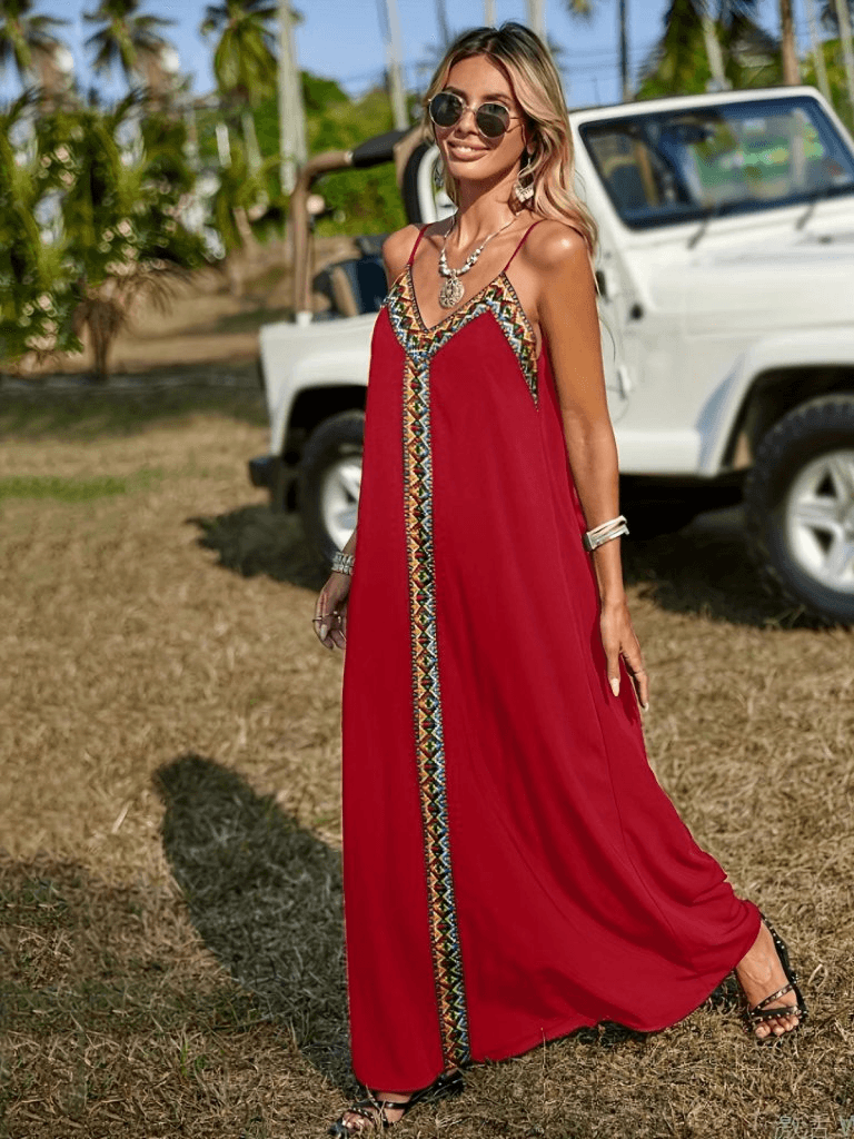 Women's Sleeveless V-Neck Ethnic Stripe Detail Long Viscose Dress - Janes - by Peralane - photo 6