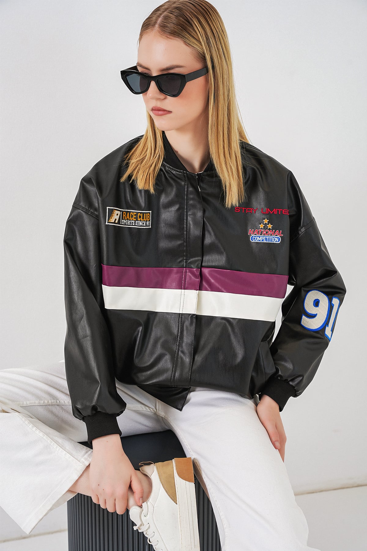 Printed Faux Leather Bomber Jacket - Black with Plum Stripes - Bigdart - by Peralane - photo 3