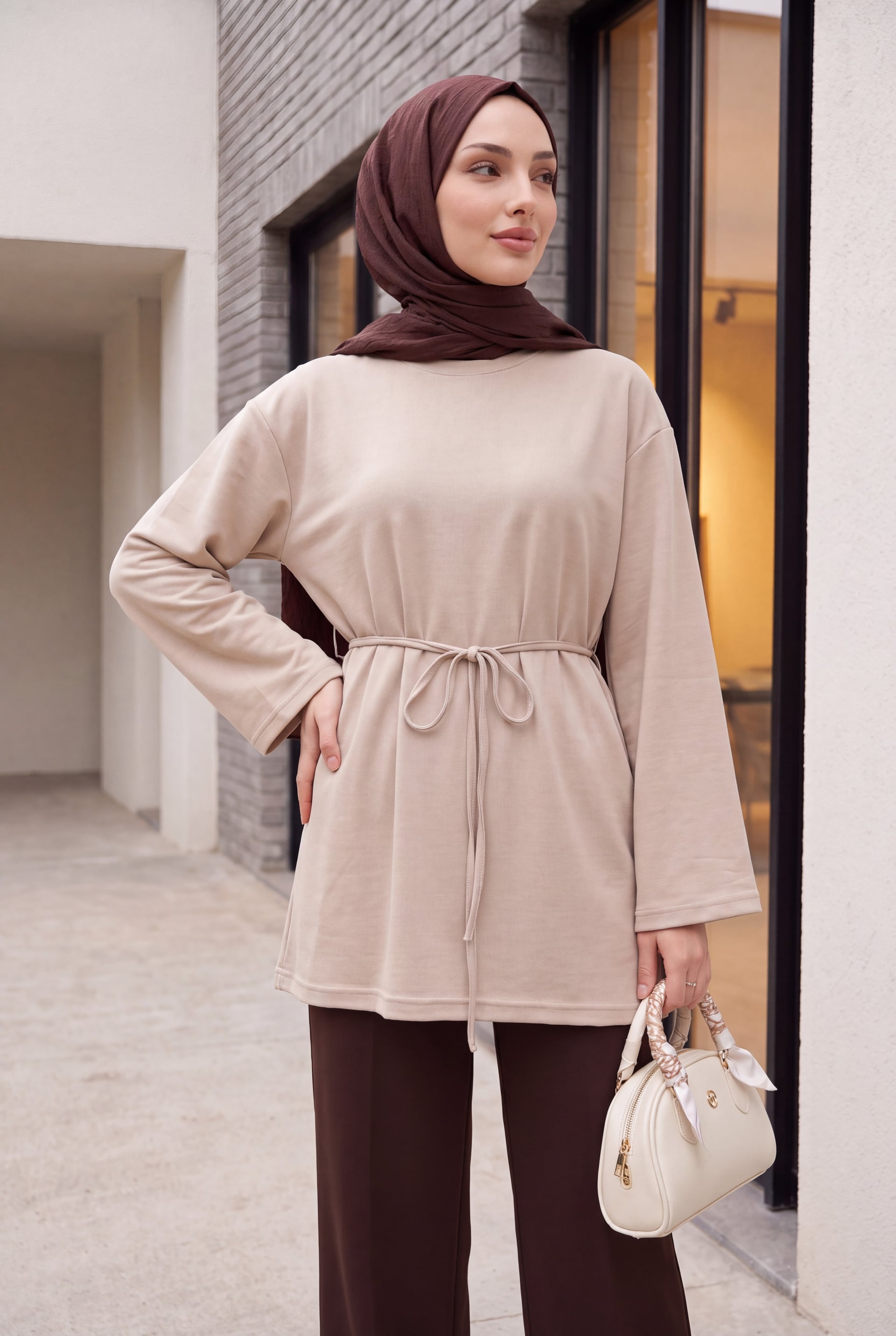 Round Neck Drawstring Waist Knit Tunic - Light Beige - Podyumplus - by Peralane