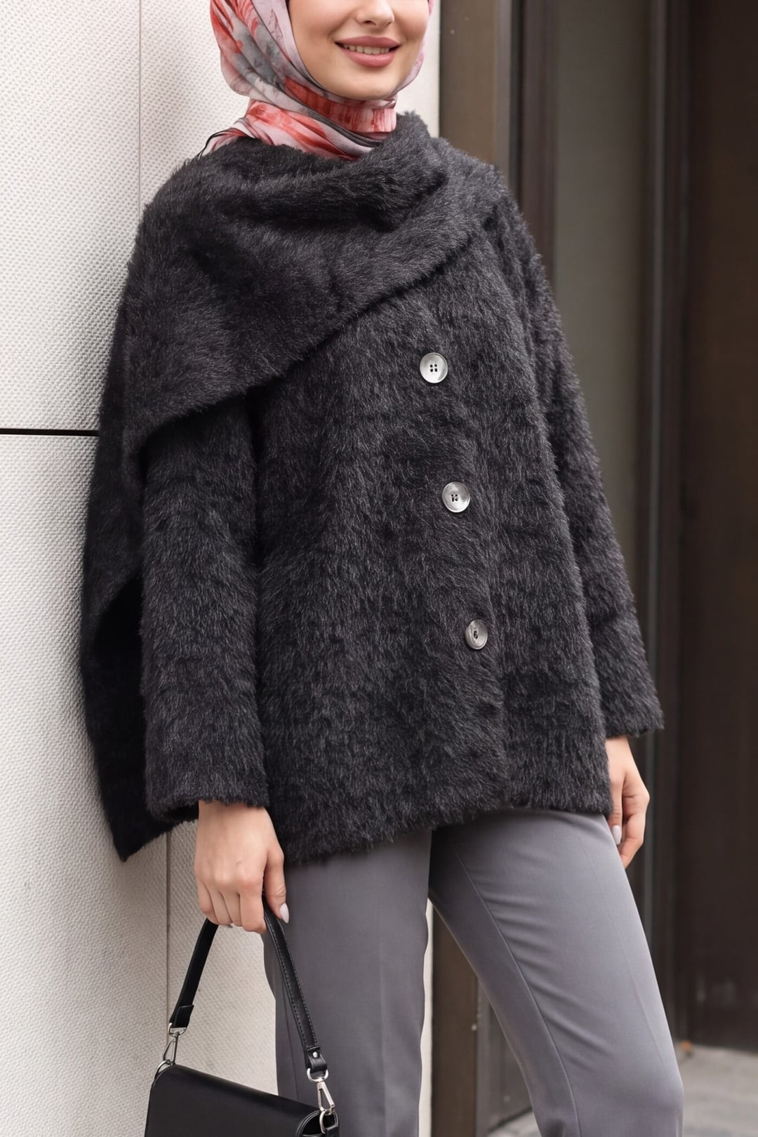 Shawl Collar Button-Front Fluffy Cardigan - Black - Podyumplus - by Peralane