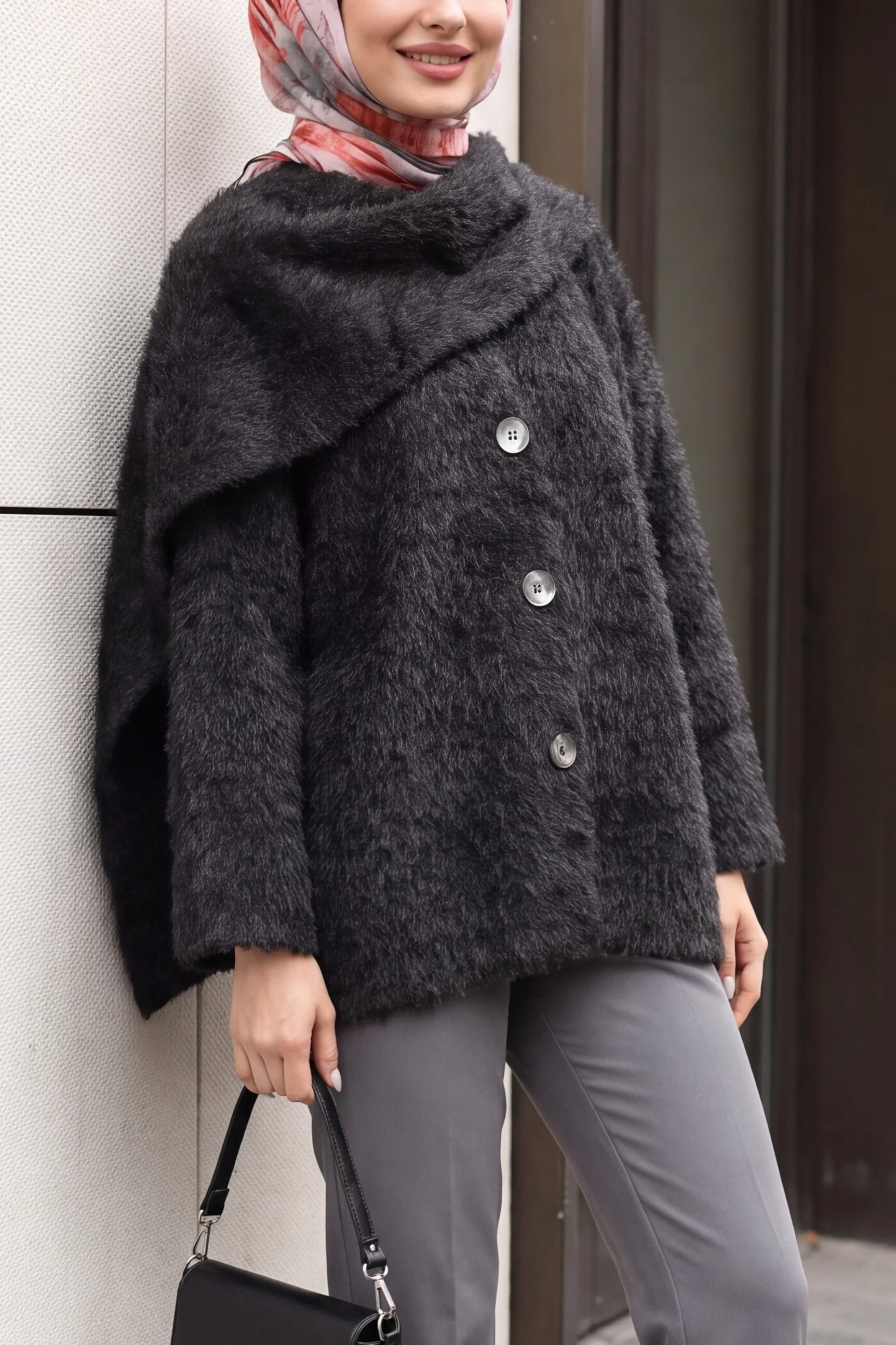 Shawl Collar Button-Front Fluffy Cardigan - Black - Podyumplus - by Peralane